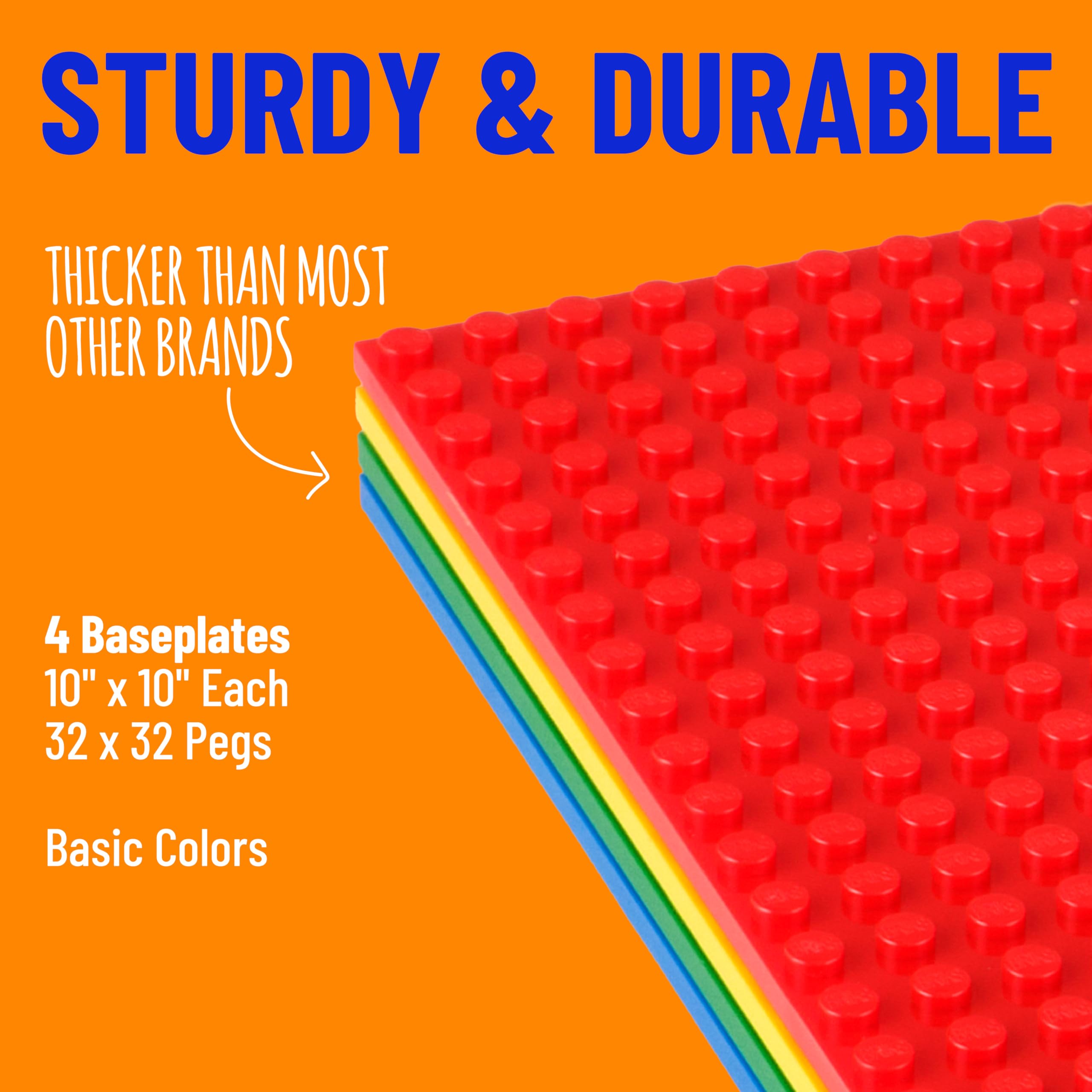 Strictly Briks 4 Pack 10x10 Inch Baseplates - 100% Lego Compatible, Stackable Building Plates with 32x32 Studs for Kids & Adults - Perfect for Lego Cities, MOC Displays & Creative Play (Basic Colors)
