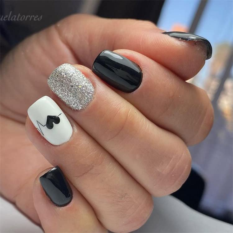 100Pcs Acrylic Fake Nails Kit for Women - Reusable Artificial Nails with Black & White Quick Dry Nail Polish - Perfect for Nail Art, Extensions & Salon Quality Manicures at Home