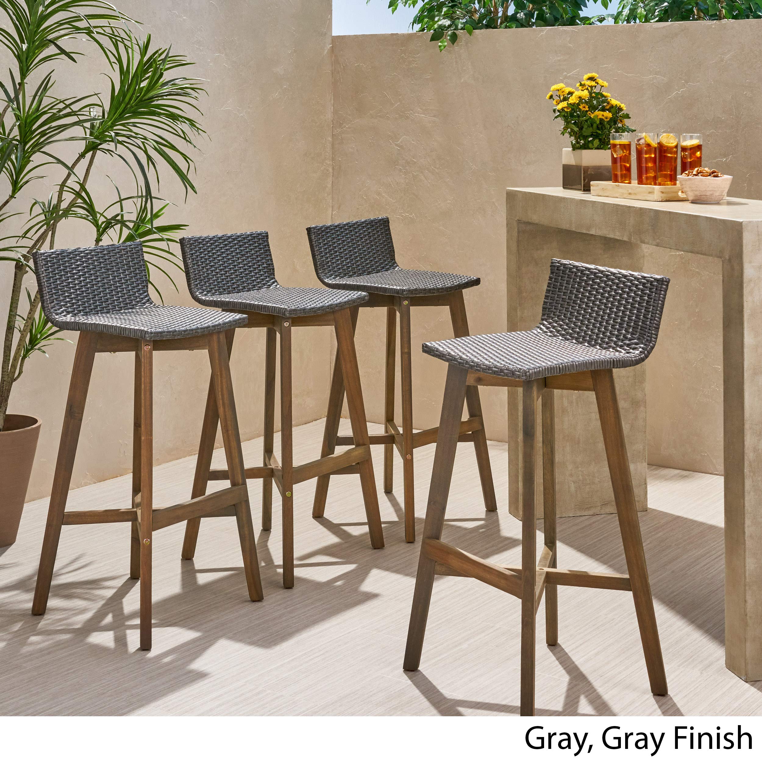 GDFStudio 4-Piece Gray Outdoor Wood & Wicker Bar Stools Set - Weather-Resistant Patio, Poolside & Garden Furniture for Backyard, Deck & Outdoor Dining