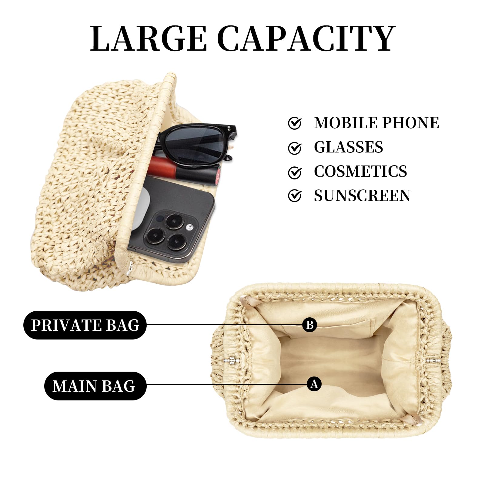 Women's Woven Straw Crossbody Bag - Beach Handbag with Pouch for Outings
