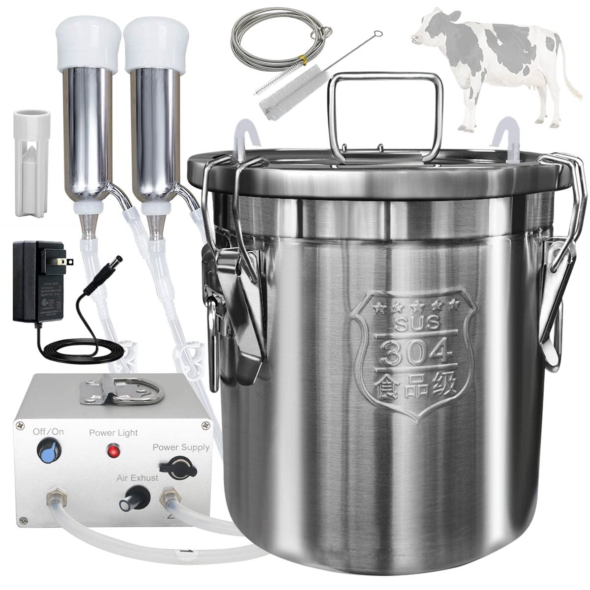 12L Cow Milking Machine - Portable Electric Vacuum Pump with Auto Stop, Food Grade 304 Stainless Steel Bucket & Teat Cups - Perfect for Small Farms and Homesteads (Classic Model)