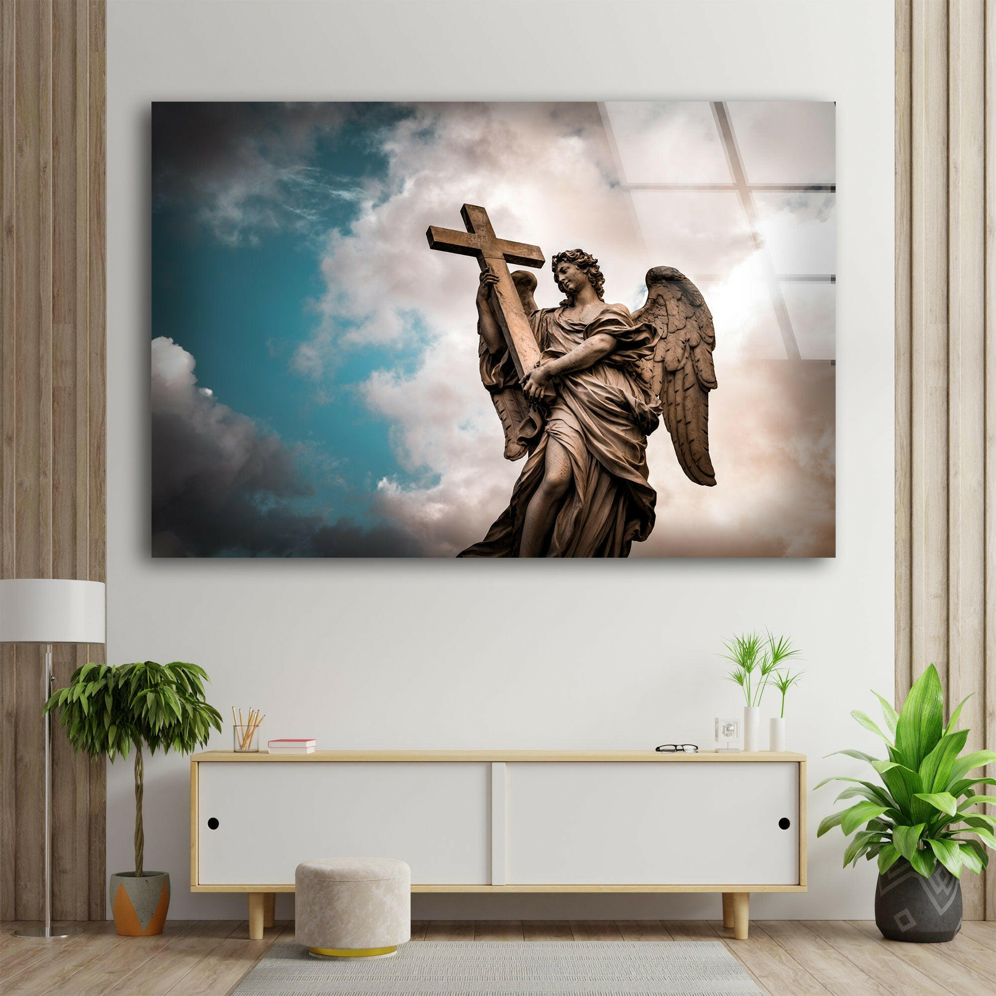 Angel With The Sudarium Stained Glass Wall Art - Religious Home Decor for Church, Living Room & Bedroom - Beautiful Handmade Christian Gift