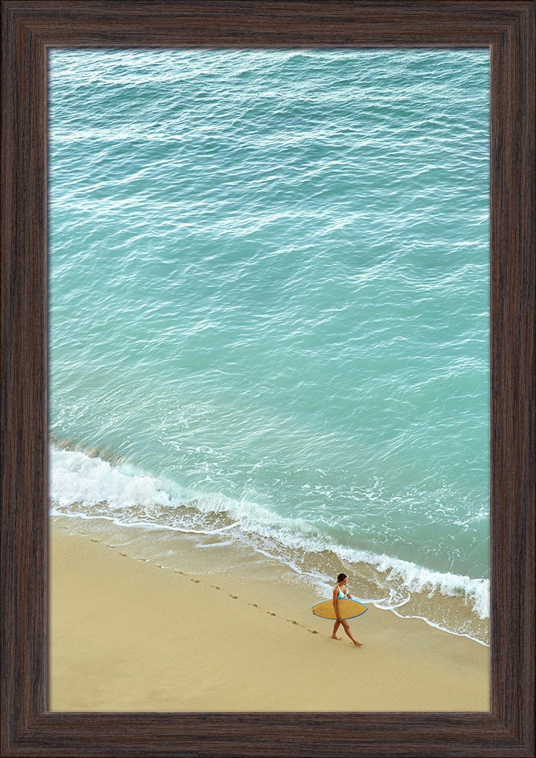 12x18 Giclee Fine Art Print - Surfer Walking on Beach - Recycled Wood Frame in Espresso Brown - Perfect for Coastal Home Decor, Beach House Wall Art & Surfing Enthusiast Gifts