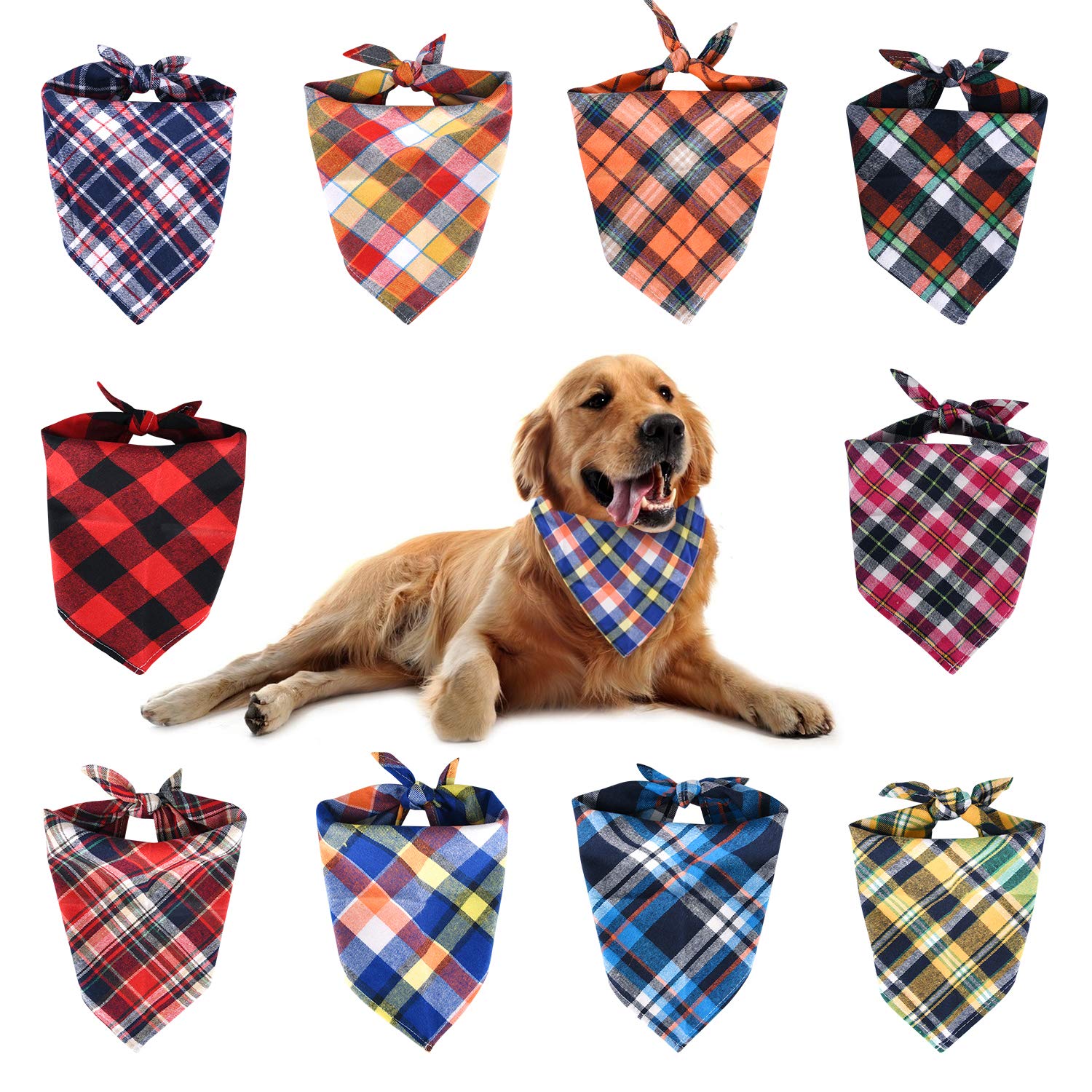KUUQA 10 Pack Washable Adjustable Plaid Triangle Dog Bandanas - Pet Bibs & Scarf Set for Dogs, Cats - Perfect for Holidays, Parties & Daily Wear