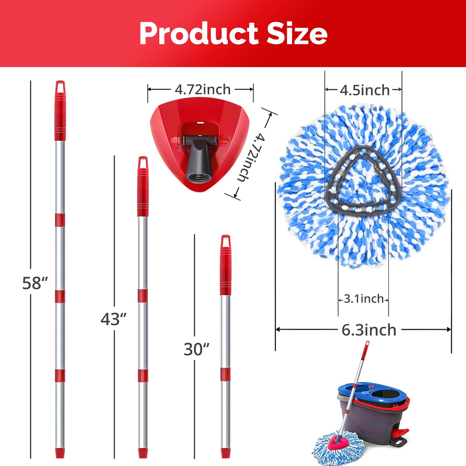 O Cedar RinseClean 2 Tank Spin Mop Replacement Head - 4 Microfiber Mop Refills + Handle & Base - Compatible with 30-58in Mop Sticks - Easy to Replace (Blue) - Perfect for Hardwood Floors, Tile & Kitchen Cleaning