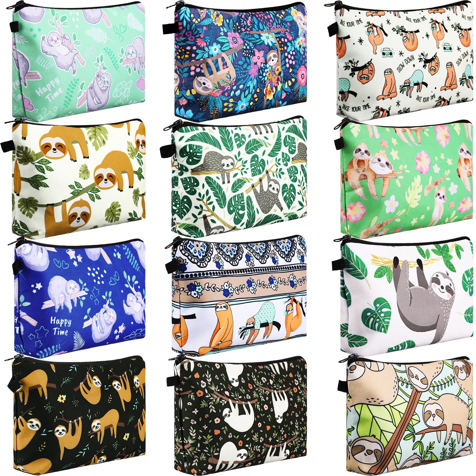 Sanwuta 12-Piece Waterproof Cosmetic Makeup Bag Set - Printed Roomy Toiletry Organizer with Zipper for Women (Sloth Design) - Perfect for Travel, Gym & Daily Beauty Storage