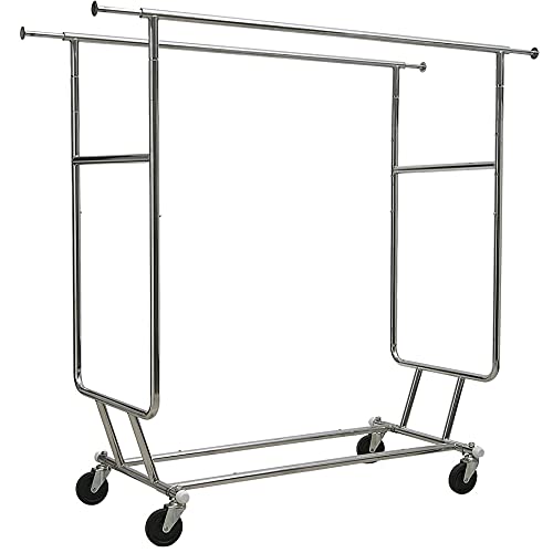 The Great American Hanger Company Collapsible Double Bar Chrome Garment Rack - Heavy Duty Commercial Grade Rolling Clothes Rack with Adjustable Height & Length for Retail Stores, Boutiques, and Home Closet Organization