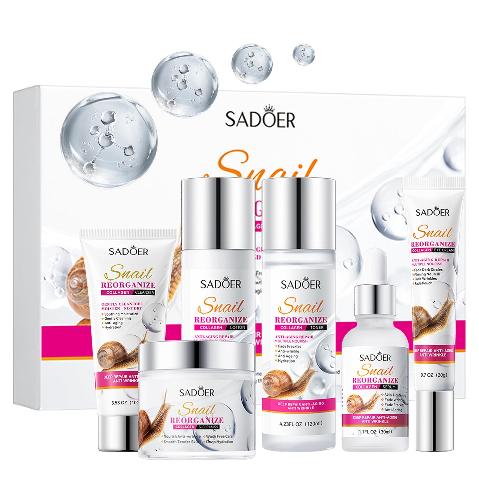 Collagen Skin Care Set - Hydrating Cleanser, Toner, Lotion, Eye Cream, Serum & Face Cream for Anti-Aging & Vegan Skincare | Travel-Friendly Facial Gift Kit for Dry Skin & Daily Beauty Routine
