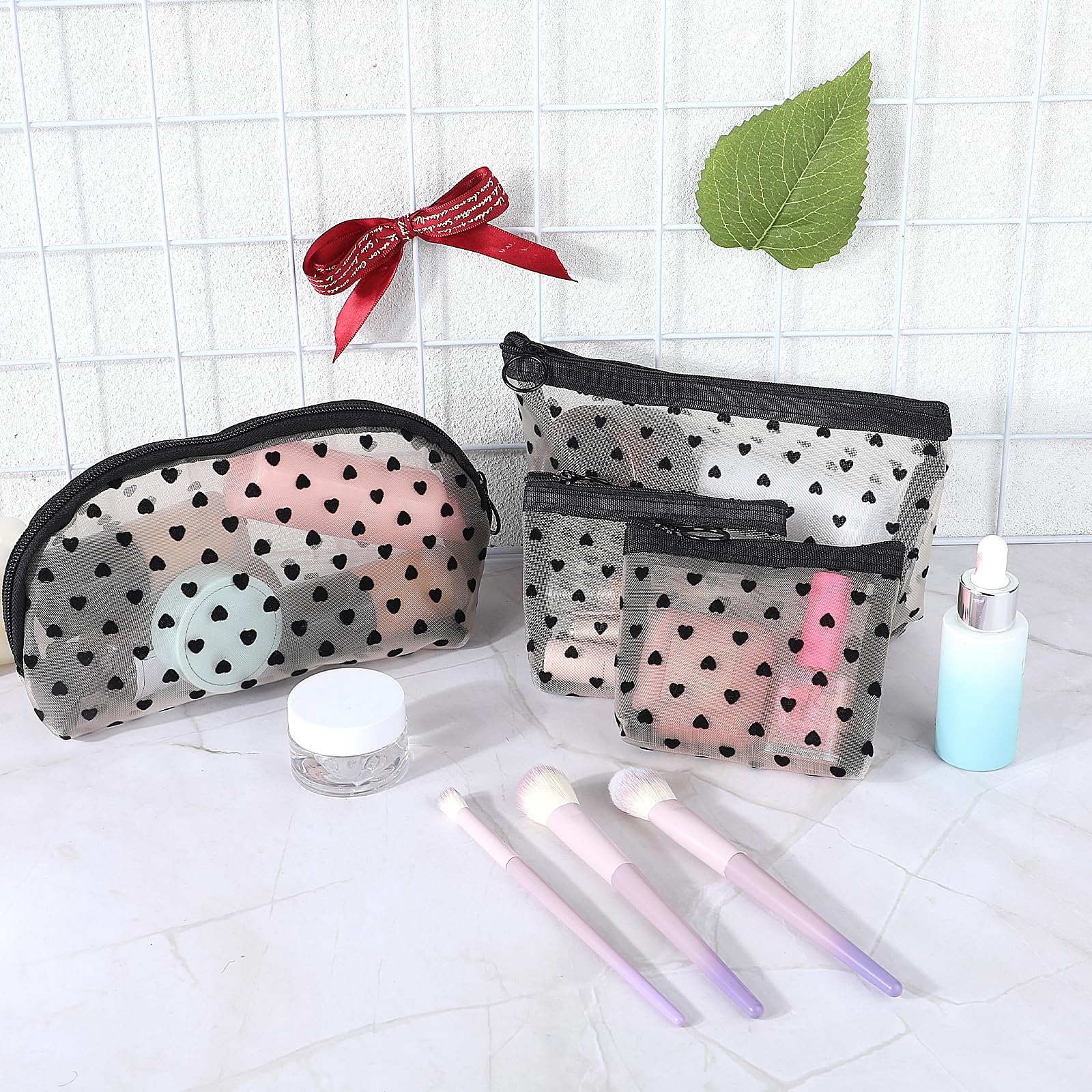 4 Pcs Heart Print Mesh Makeup Bags with Zipper - Portable Cosmetic Organizer for Women | Travel, Home & Office Storage Solution | Waterproof Makeup Pouch for Toiletries & Beauty Essentials