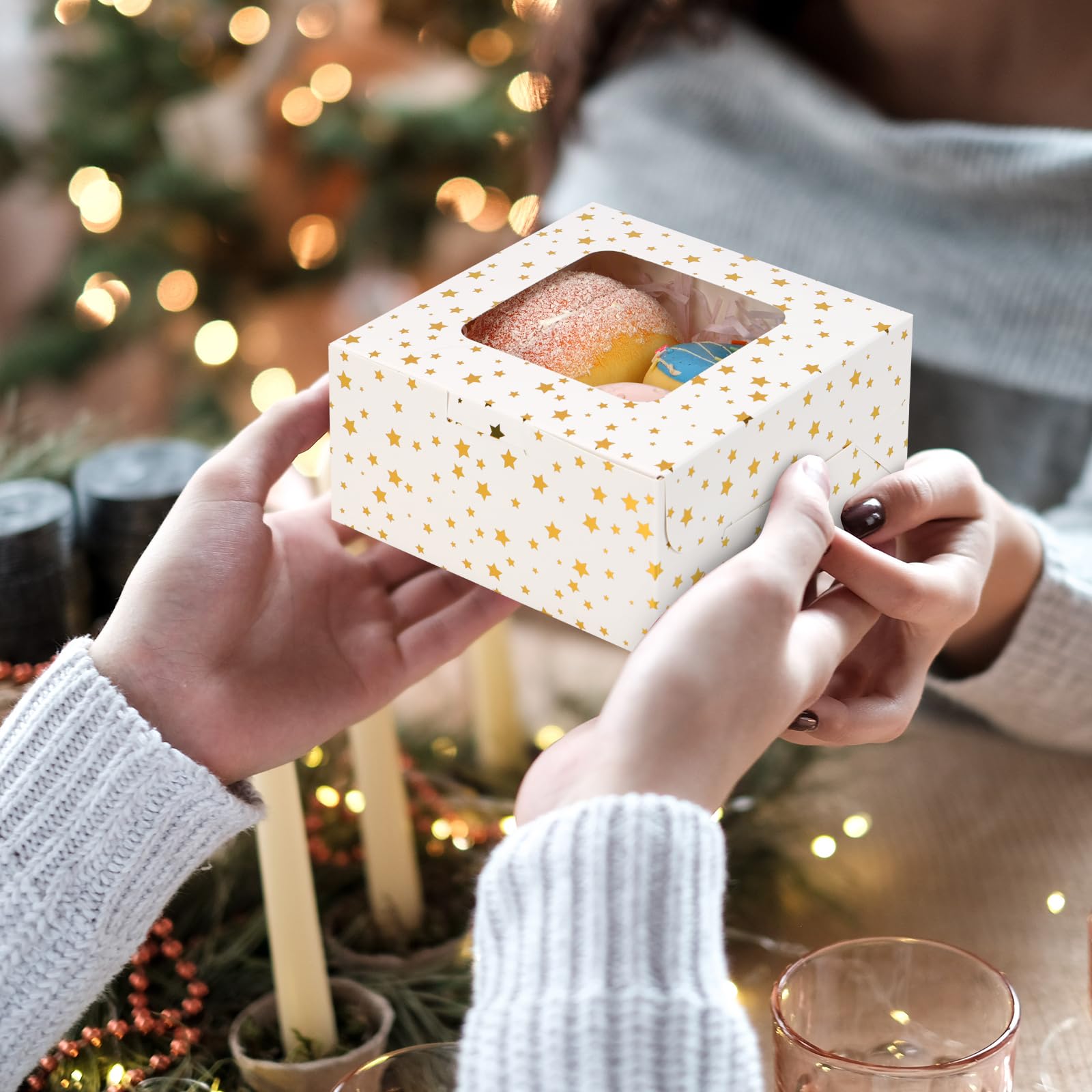 Moretoes 30pcs 6x6x3in Christmas Cookie Boxes with Window & Gold Foil Star - White Bakery Gift Boxes for Holiday Treats, Cupcakes, Donuts, Candy & Pastry Packaging - Perfect for Xmas Gifts, Dessert Parties & Cookie Exchanges