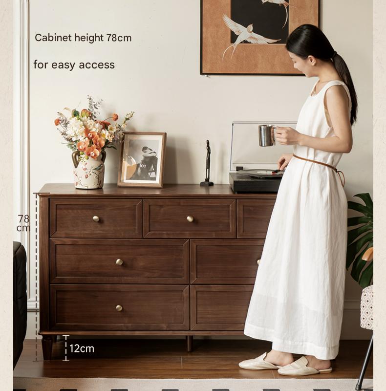 Solid Black Walnut Wood American Retro Dresser - Vintage 5-Drawer Chest for Bedroom, Living Room & Home Office Storage