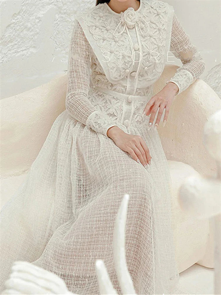 Elegant Boho Vintage Women's Dress - Embroidered Lace High Waist Long Sleeve Party Gown for Autumn & Spring | Perfect for Weddings, Cocktail Parties & Special Occasions