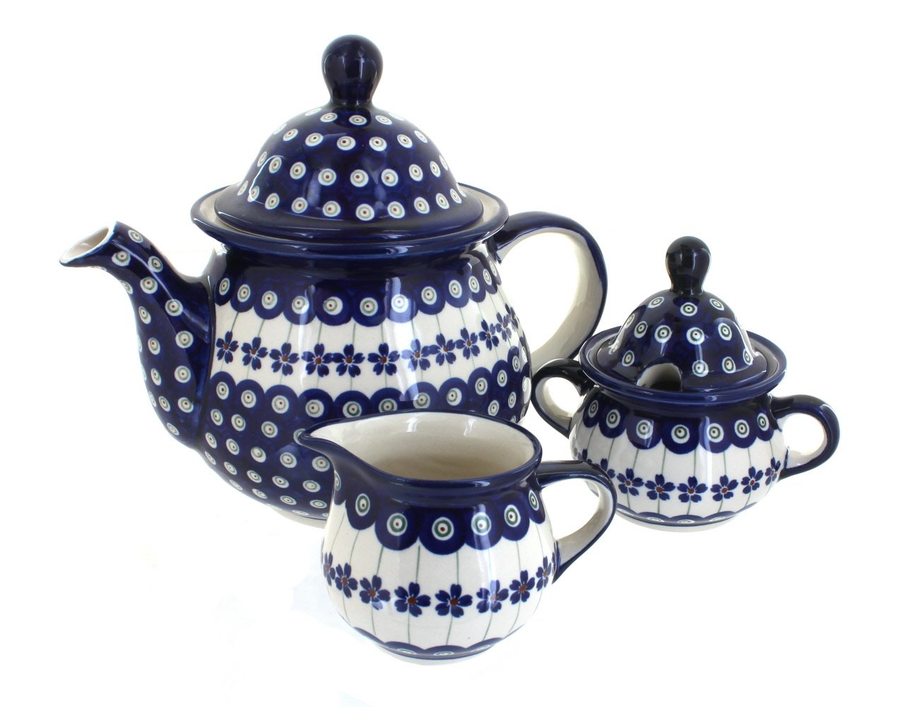 Hand-Painted Blue Rose Polish Pottery Tea Set with Peacock Design - 3-Piece Ceramic Teapot, Cups & Saucer - Perfect for Afternoon Tea, Gifts & Home Decor