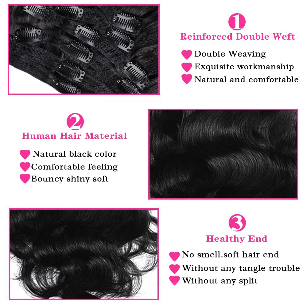 22 Inch Clip-in Hair Extensions - 8Pcs Brazilian Real Human Hair, Body Wave, 18 Clips, Double Lace Weft, 120g, #1B Natural Black - Perfect for Daily Styling, Parties & Special Occasions