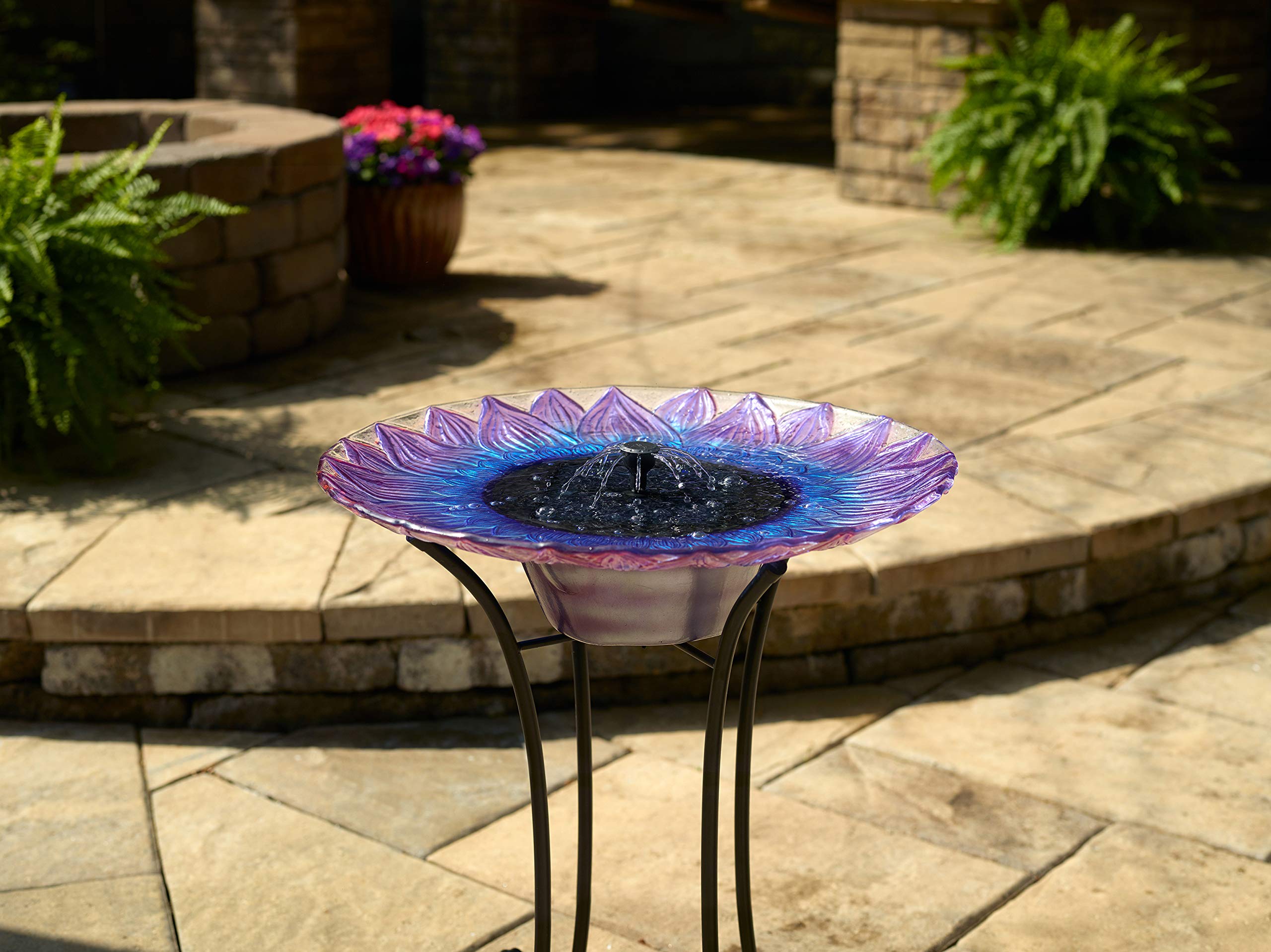 Smart Solar-Powered Birdbath Fountain with Patented Solar Panel & Pump System - Hand-Painted Glass Flower Design on Metal Stand (Blue/Purple) - Perfect for Garden, Patio, Yard Decoration & Attracting Birds