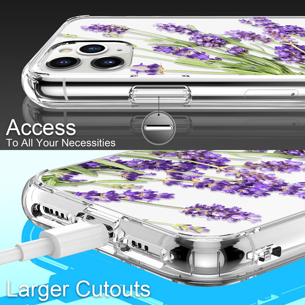 GiiKa Clear Floral Shockproof Hard PC Case with TPU Bumper & Screen Protector for iPhone 11 Pro Max | Protective Phone Cover for Women | Perfect for Everyday Use, Work & Travel - Purple Flowers Design