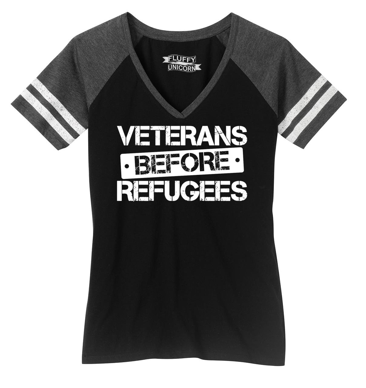 Funny Veterans Before Refugees V-Neck T-Shirt for Women - Patriotic Humor Graphic Tee - Perfect for Political Satire, Veterans Day & Social Commentary Outfits