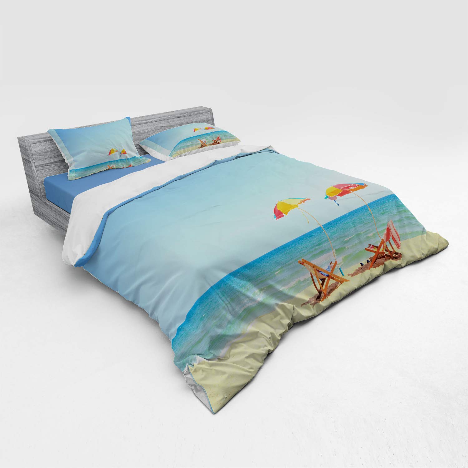 Ambesonne Seaside Bedding Set - King Size 4-Piece Duvet Cover Set with Shams & Fitted Sheet, Turquoise Beige Beach Chair Umbrella Print | Coastal Decor for Bedroom, Vacation Home, or Beach House Theme