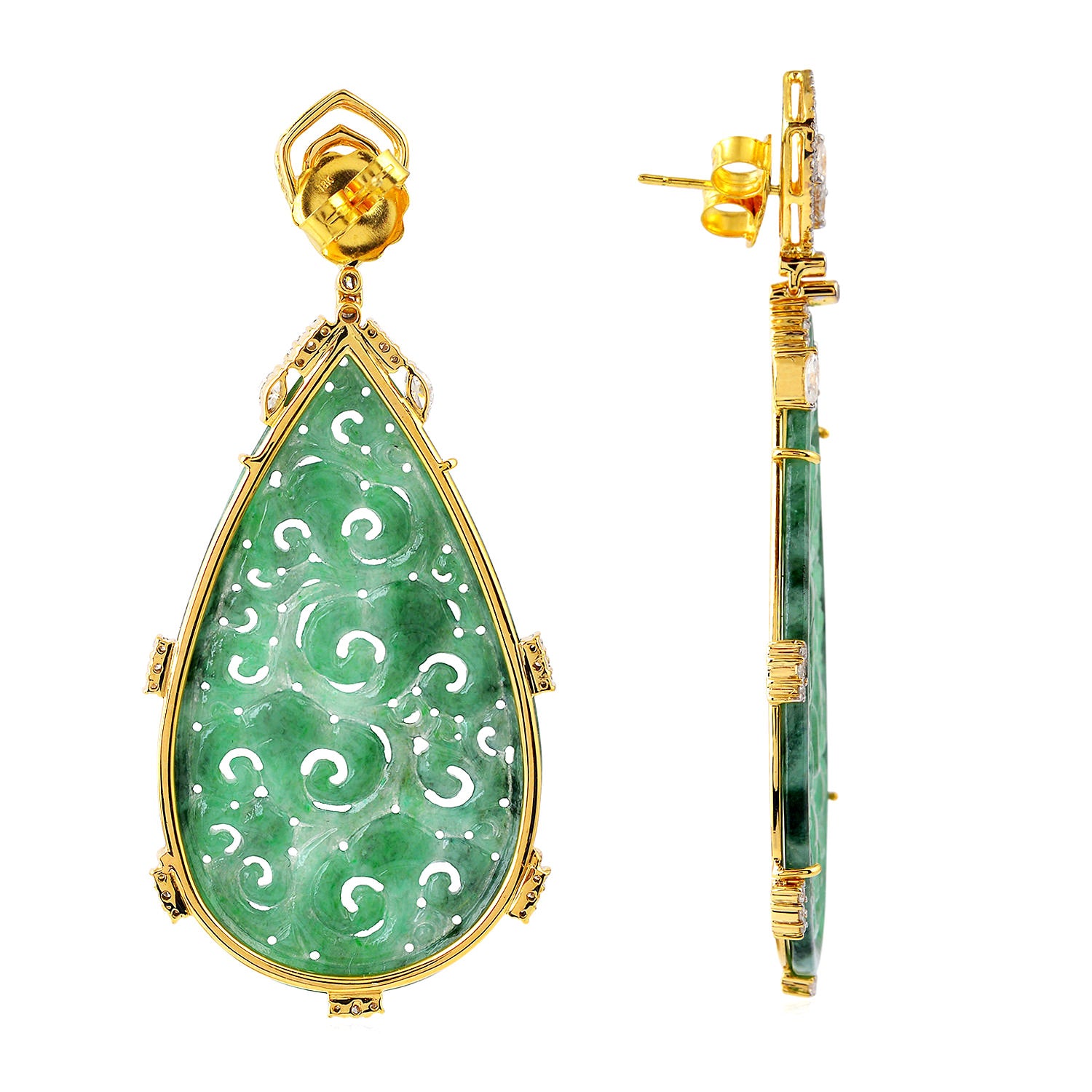 Exquisite Filigree Carved Jade Pave Diamond Teardrop Dangle Earrings in Gold for Women - Perfect for Weddings, Parties & Special Occasions