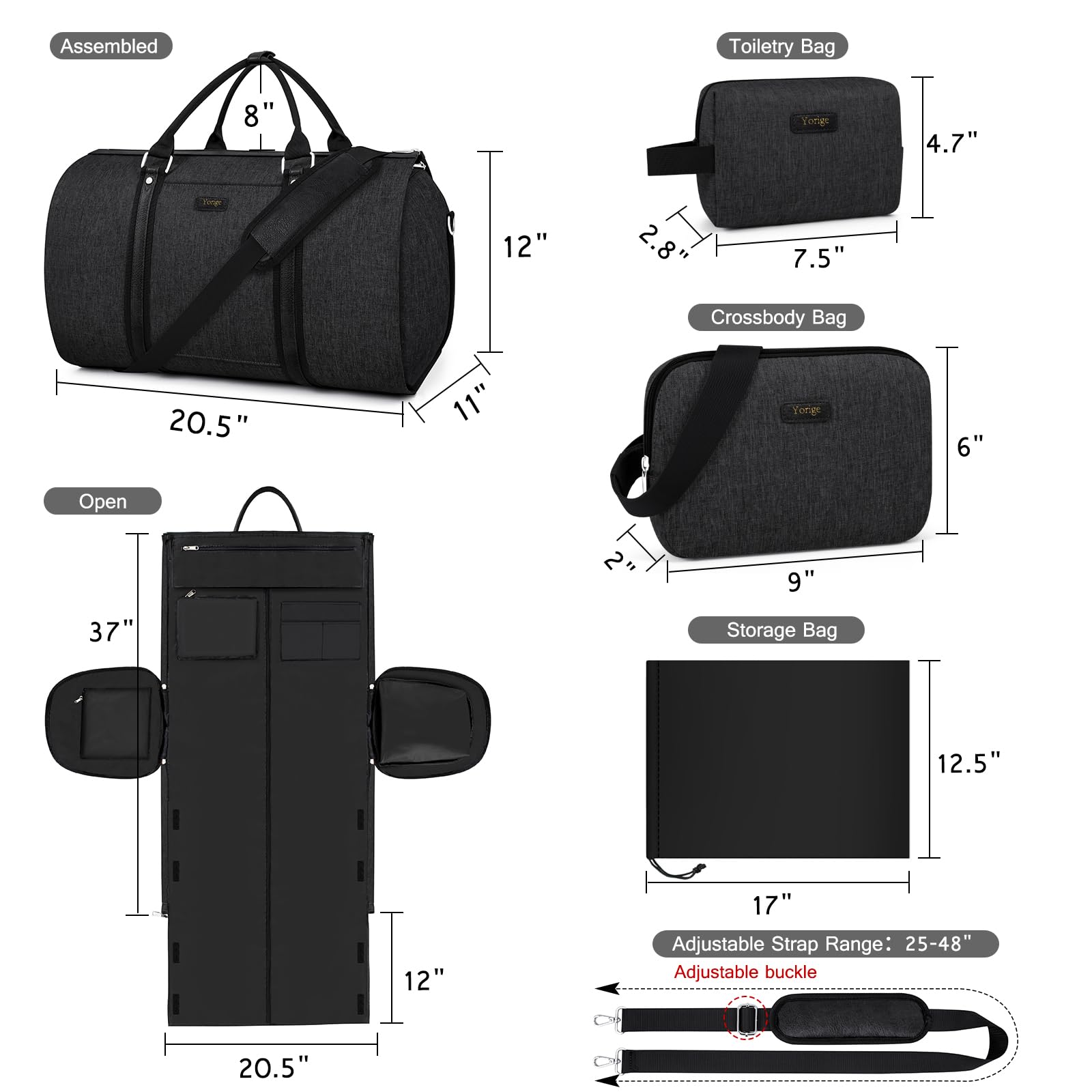 2-in-1 Convertible Travel Garment Duffle Bag Set for Men & Women - Carry On Hanging Suit Dress Clothes Bag with Detachable Crossbody Bag (4-Piece) - Perfect for Business Trips, Weekend Getaways & Gym Workouts