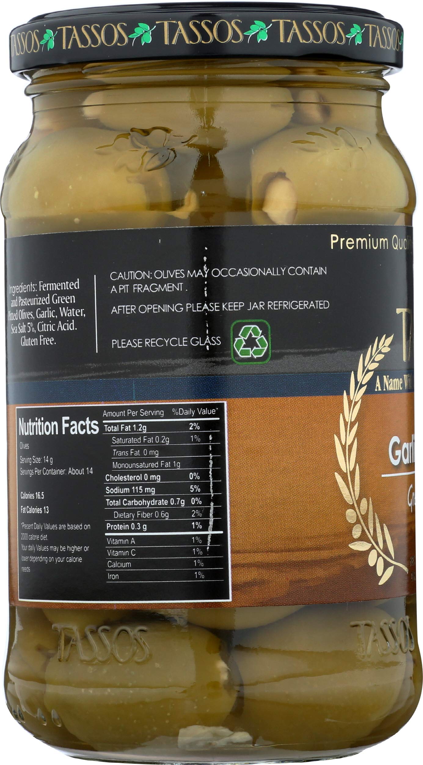 TASSOS Garlic Stuffed Olives - 13.09 oz Jar | Premium Stuffed Green Olives with Garlic | Perfect for Charcuterie Boards, Salads & Cocktail Garnishes