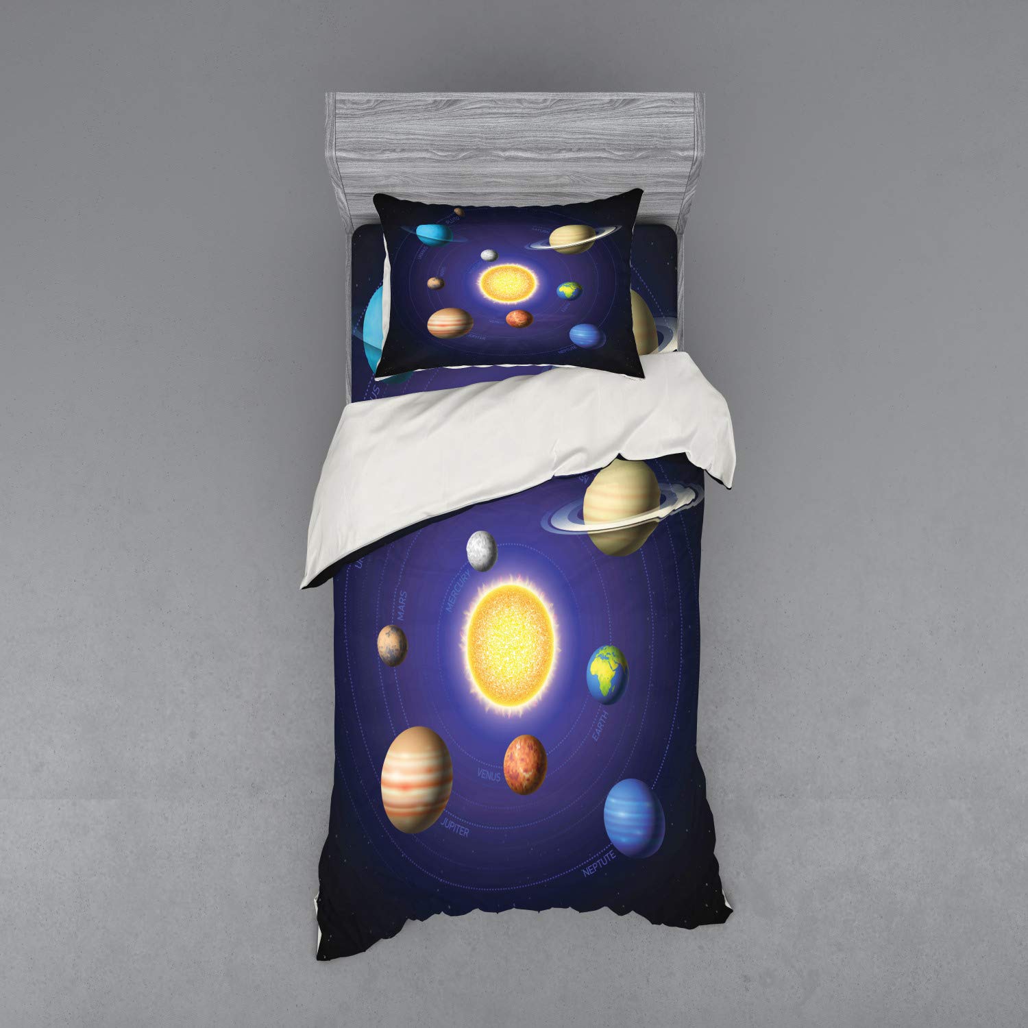 Ambesonne Solar System Galaxy Bedding Set - 3 Piece Duvet Cover with Pillow Sham & Fitted Sheet - Twin XL Size - Space Themed Bedroom Decor for Kids & Teens - Perfect for Astronomy Lovers & Science Room Decor
