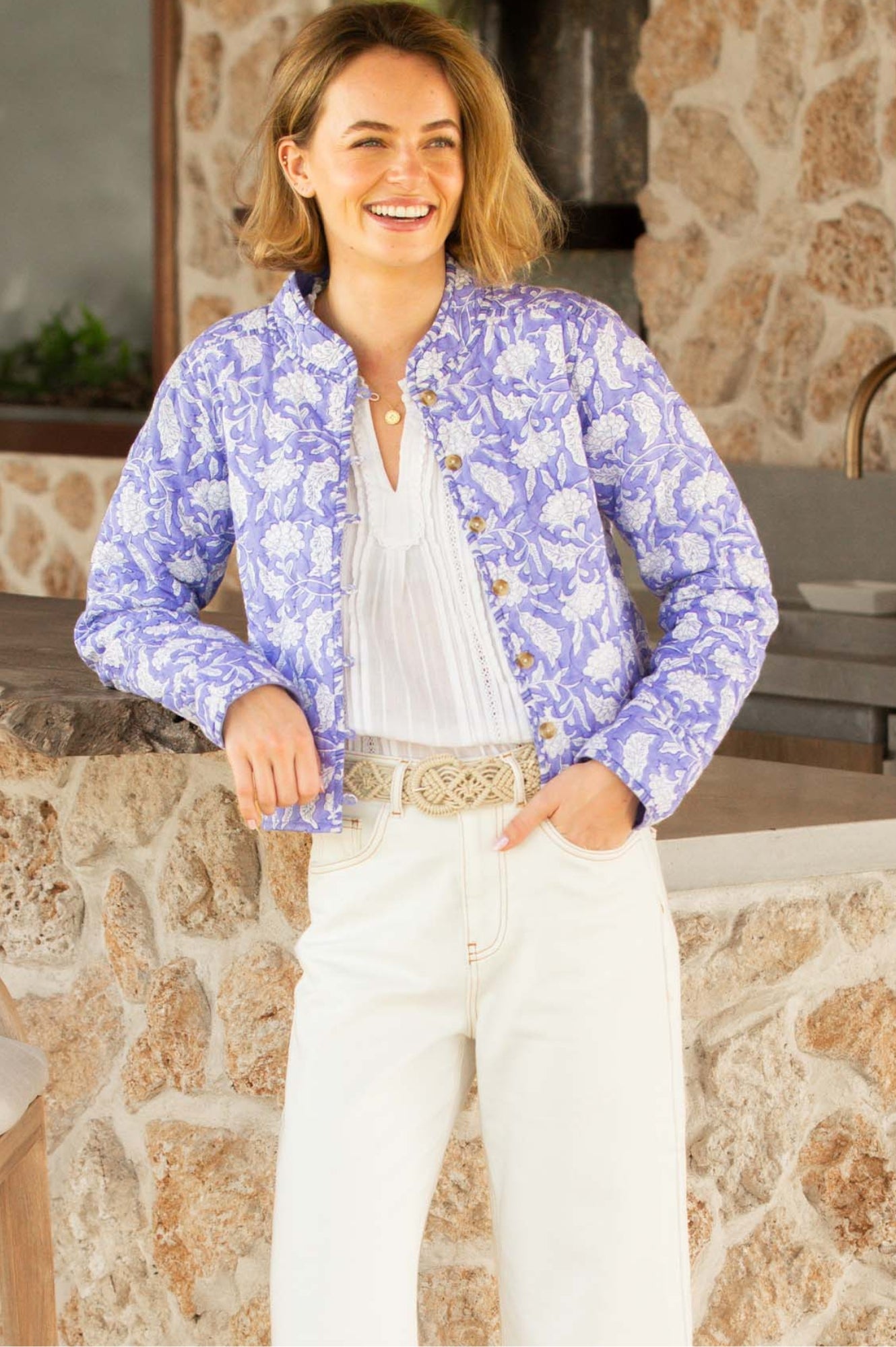 Polly Organic Cotton Block Print Quilted Jacket - Iris Blue & White | Eco-Friendly Women's Outerwear for Spring & Fall Fashion
