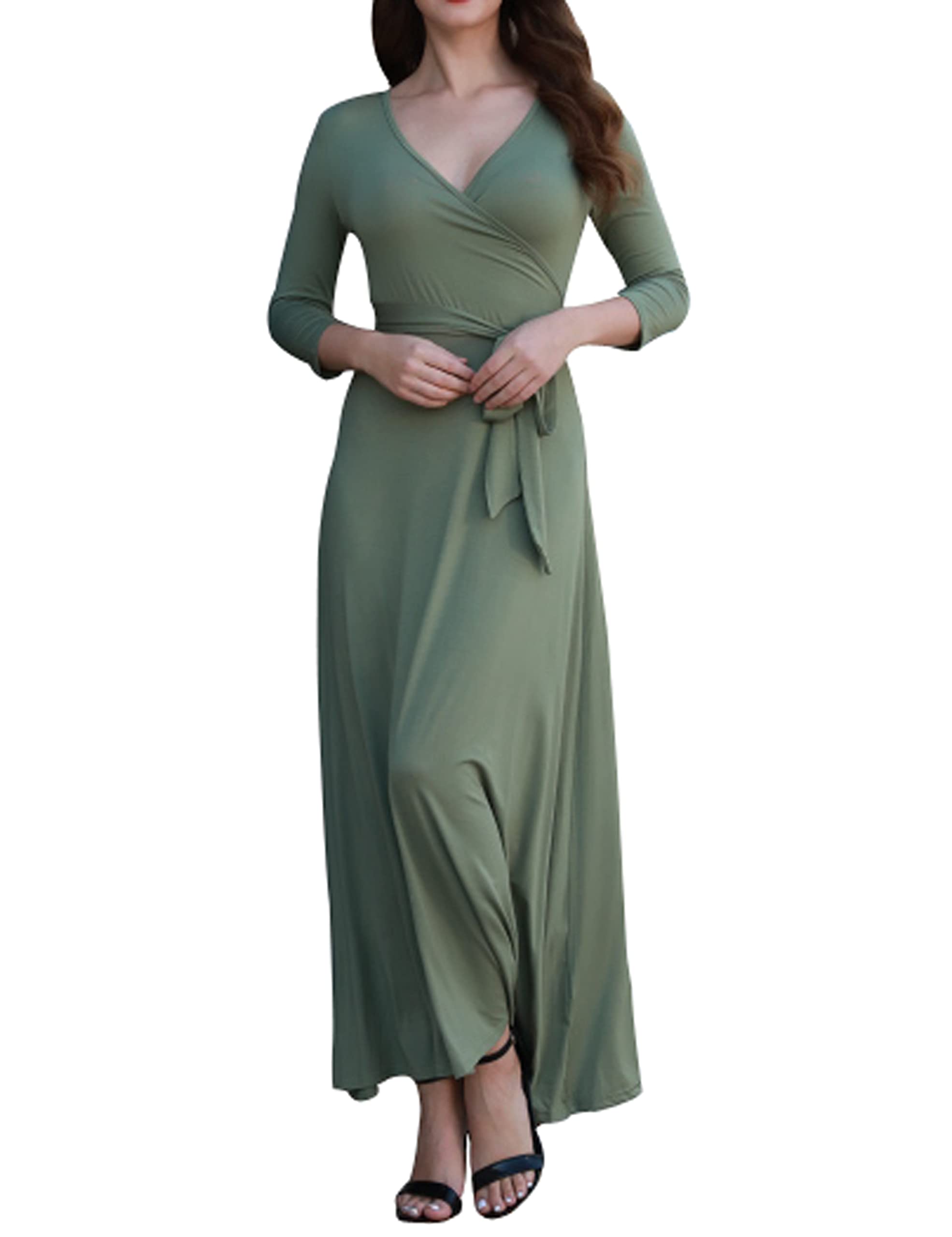Aphratti Women's Floral Faux Wrap Maxi Dress with Long Sleeves - Elegant Fit & Flare Long Dress for Casual Wear, Summer Parties & Beach Vacations