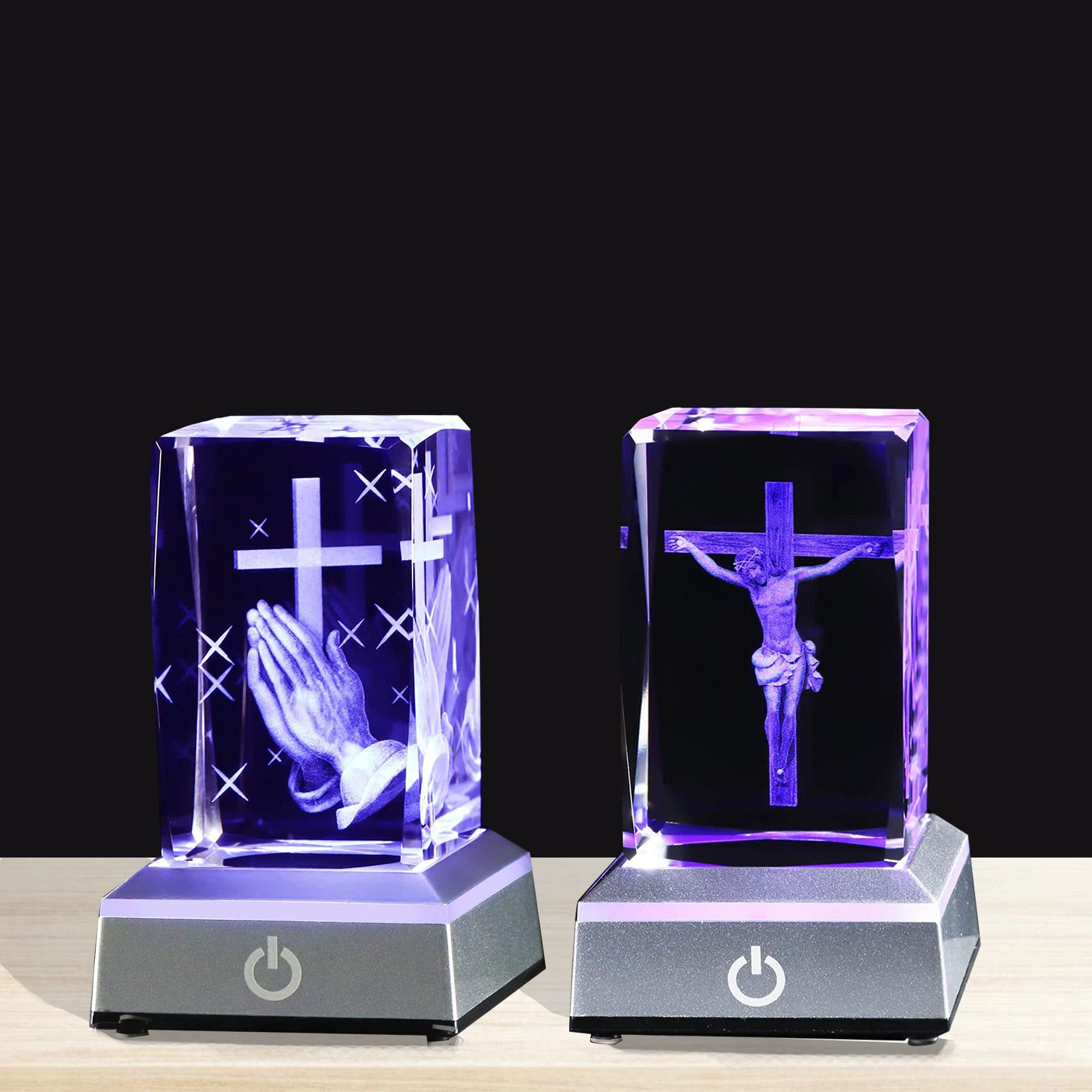 YWHL 3D Jesus Cross Figurine with Colorful LED Light Base - Laser Engraved Religious Gift for Men & Women - Christian Home Decor for Christmas, Baptism, Wedding - Perfect for Prayer Altar & Spiritual Gifting
