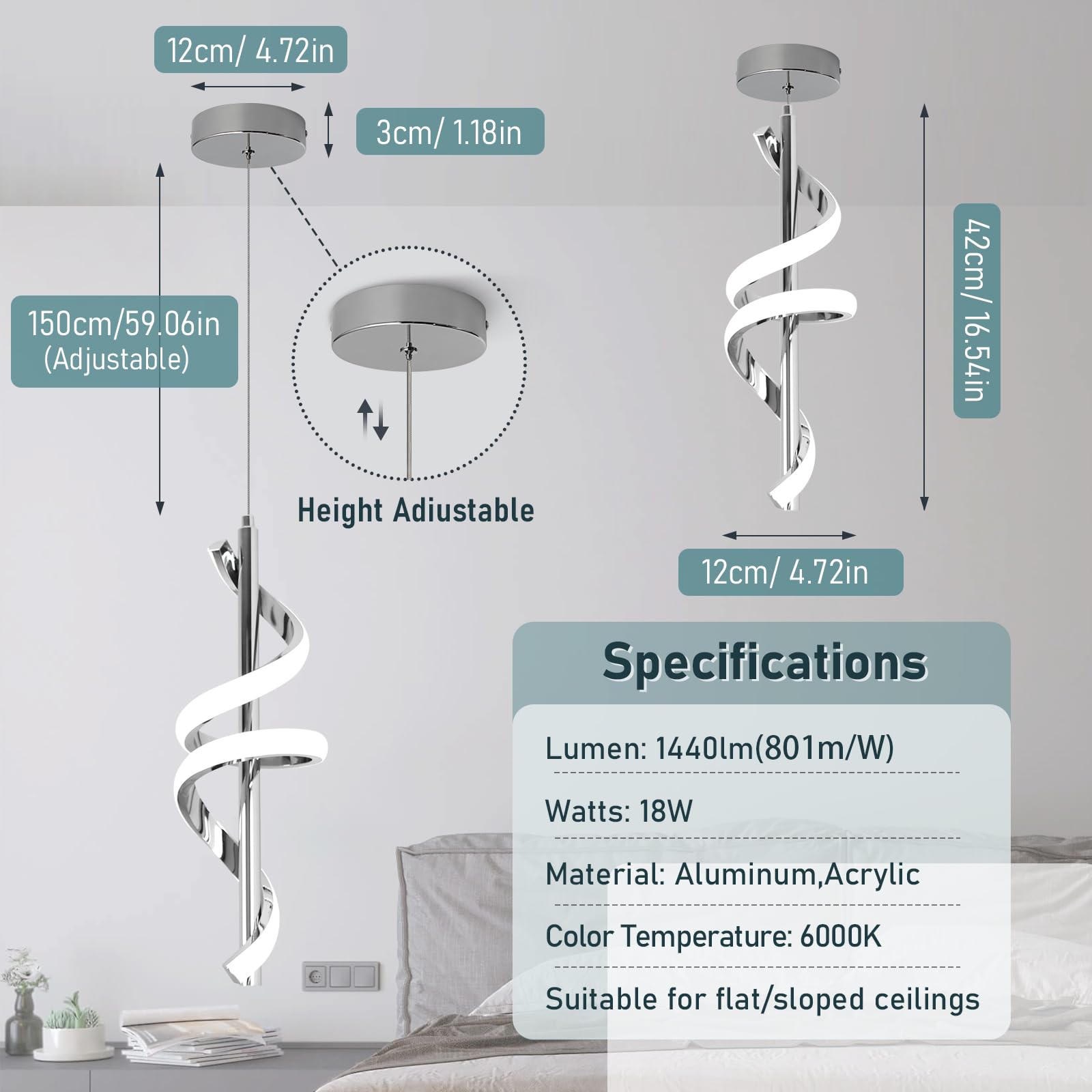 Vloitgol Spiral LED Pendant Light Fixtures - 5500K Cool White Modern Adjustable Hanging Light for Kitchen Island, Dining Room, Bedroom & Sink Areas | Energy-Efficient Lighting Solution for Home & Office Spaces