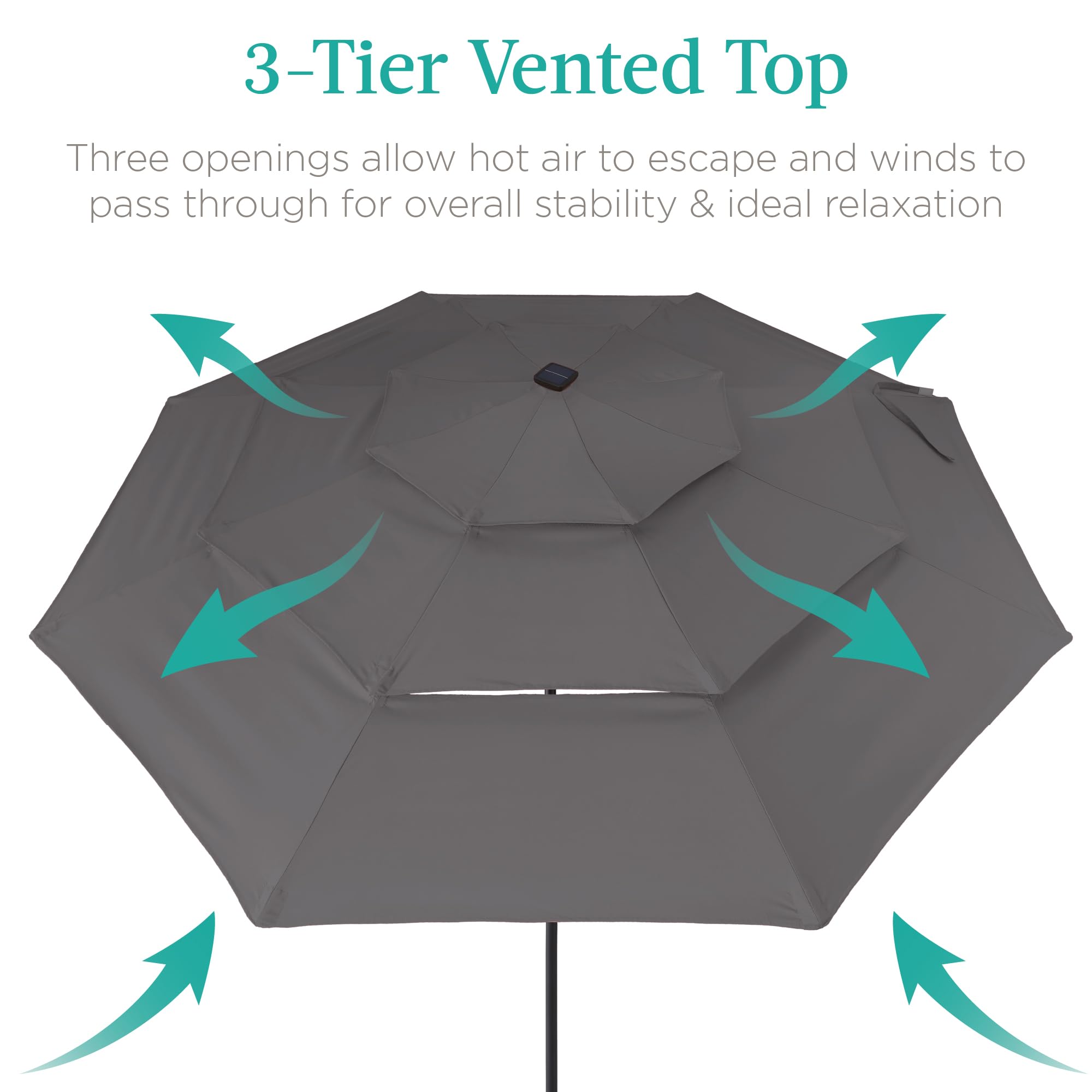 Best Choice Products 10ft 3-Tier Solar Patio Umbrella with LED Lights - Adjustable Tilt, Easy Crank, 8 Sturdy Ribs - Perfect for Backyard, Deck, Poolside & Outdoor Dining (Gray)