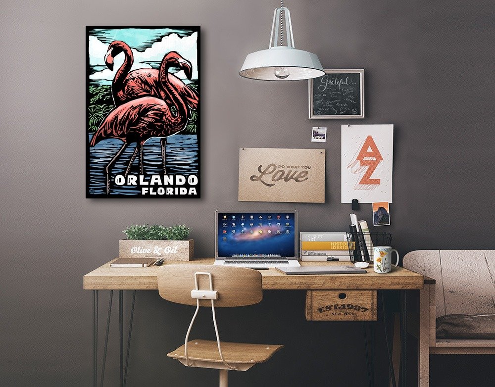 Lantern Press Orlando Florida Flamingo Scratchboard Art - 16x24 Wrapped Canvas Wall Decor for Living Room, Bedroom & Office
