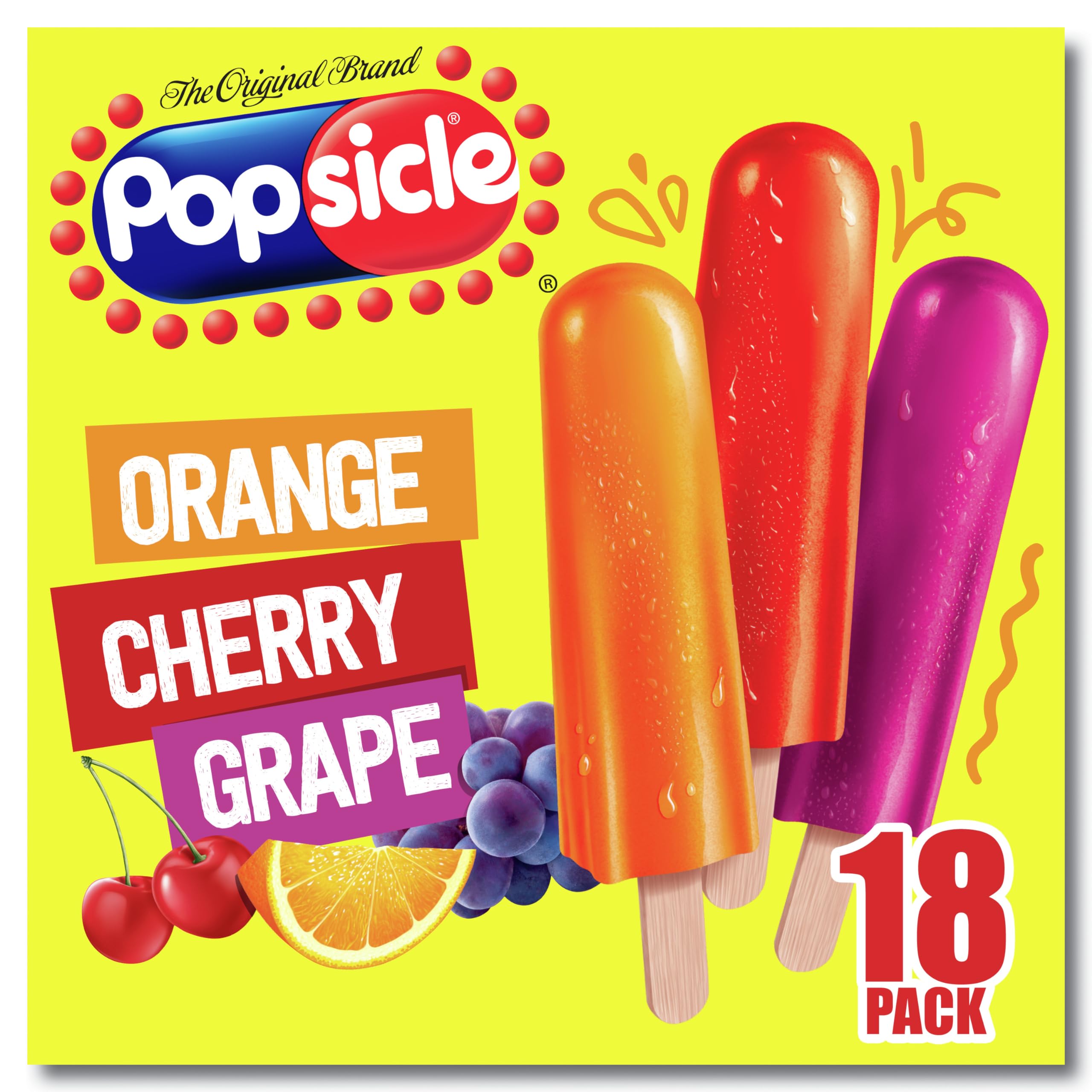 Popsicle Ice Pops - Orange, Cherry & Grape Flavored (18 Count) | Low-Calorie Frozen Treat (40 Calories Each) | Perfect for Summer Parties, Kids Snacks & Healthy Desserts