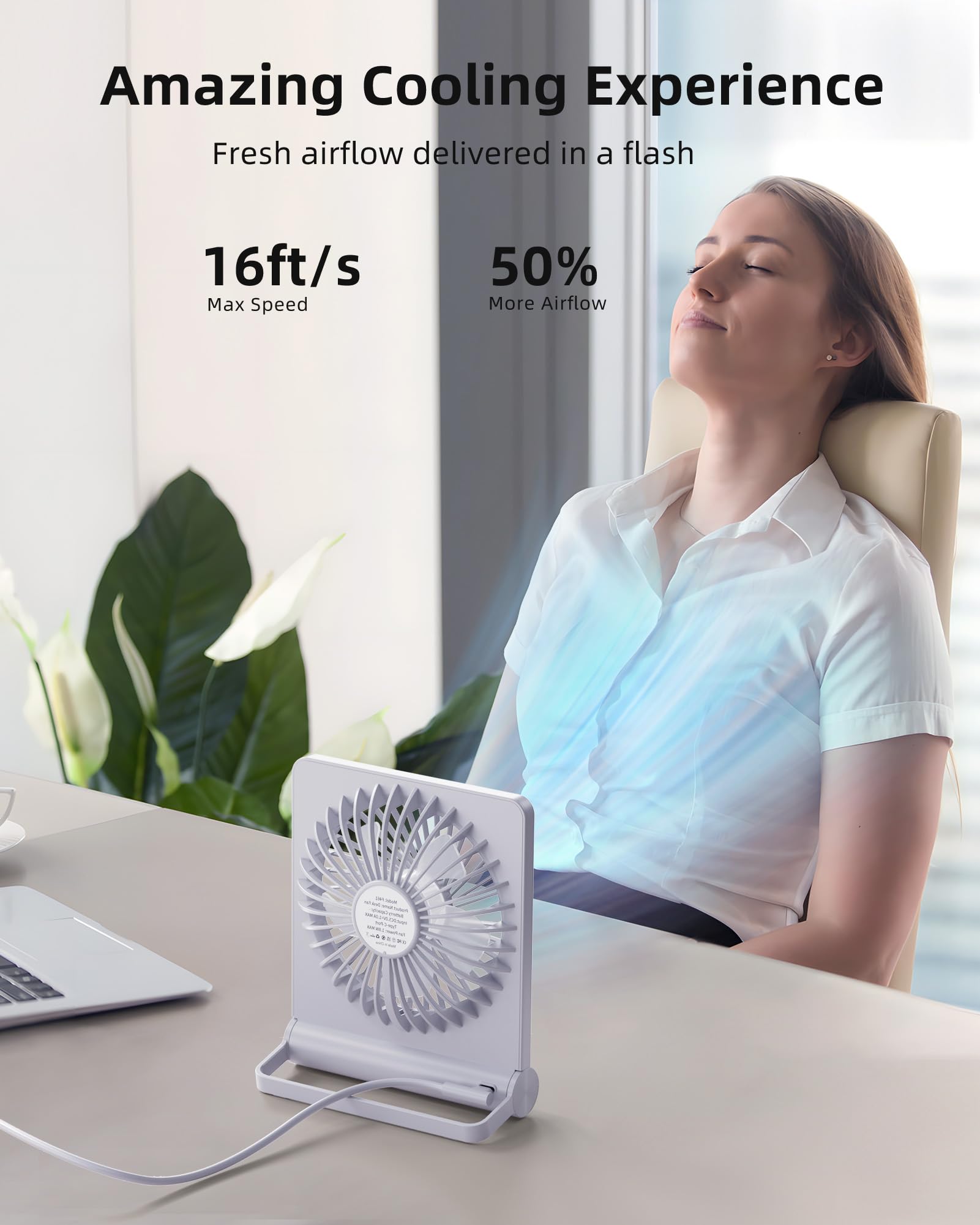 Koonie USB Desk Fan - Ultra Quiet & Strong Wind, 3 Speed Adjustable, 220° Tilt Folding, USB-C Powered Portable Personal Fan for Home Office Desktop - Perfect for Work, Study & Travel (White)