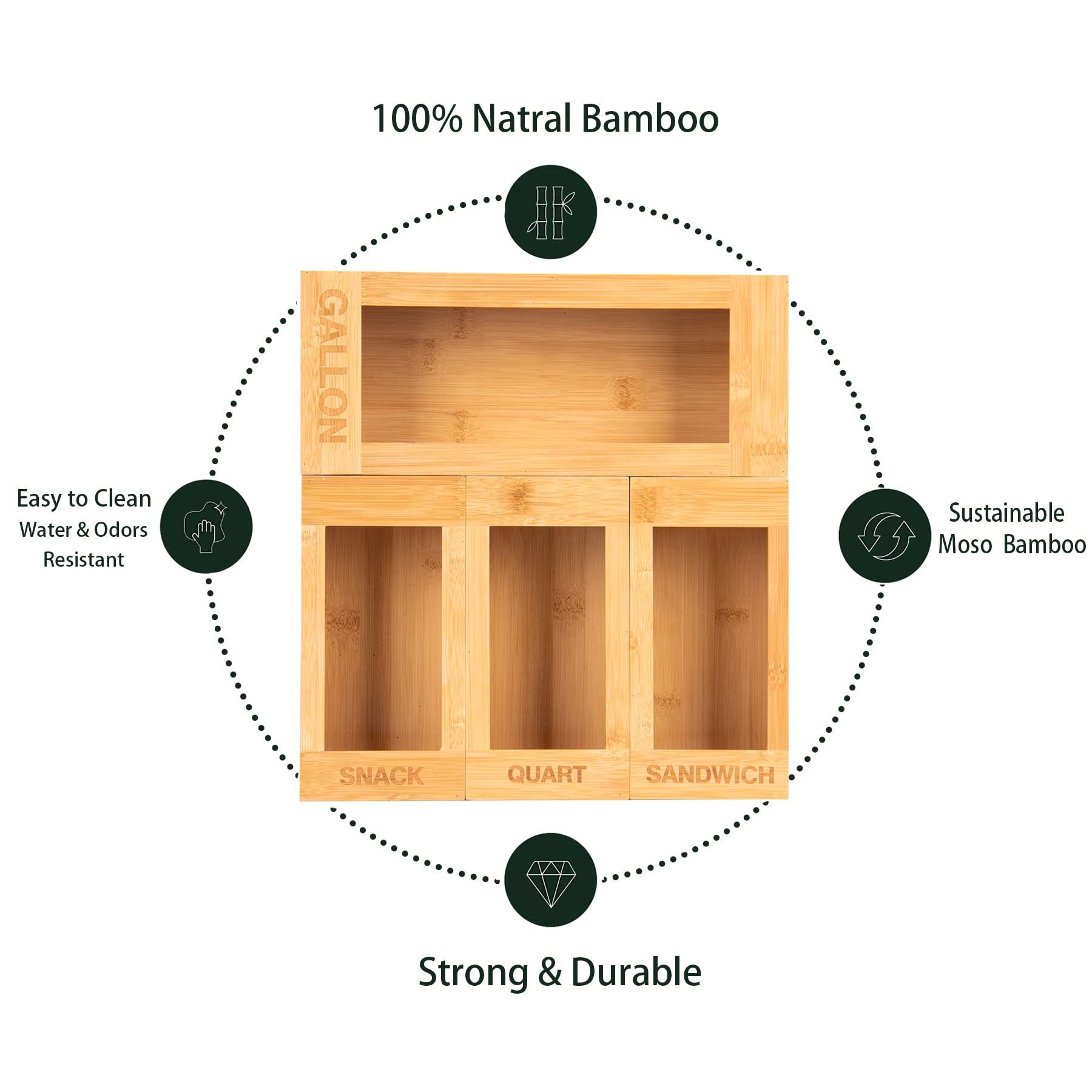 Bamboo Food Storage Bag Organizer - Kitchen Cabinet & Drawer Organizer for Gallon, Quart, Sandwich & Snack Bags | Space-Saving Kitchen Storage Solution for Pantry Organization