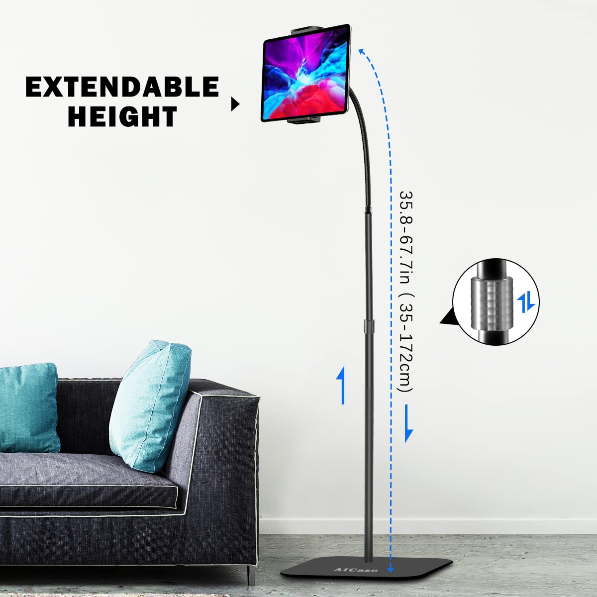 Adjustable Aluminum Floor Stand for iPad & Tablet (4.6-13