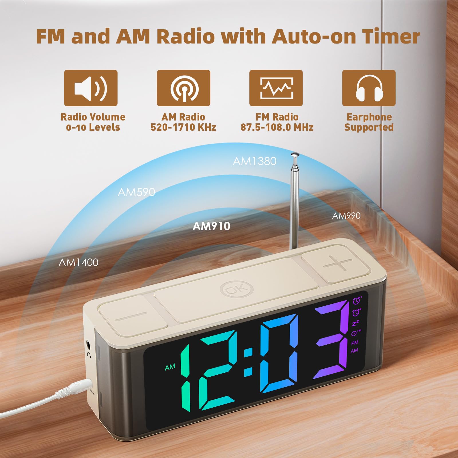 I·CODE Digital AM/FM Radio Alarm Clock with Auto-On Timer, Dual Alarm, Snooze Function & Loud Speaker - Large RGB Backlit Display with Big Buttons, AC Outlet Powered - Perfect for Bedroom, Office, Dorm Room & Travel Use