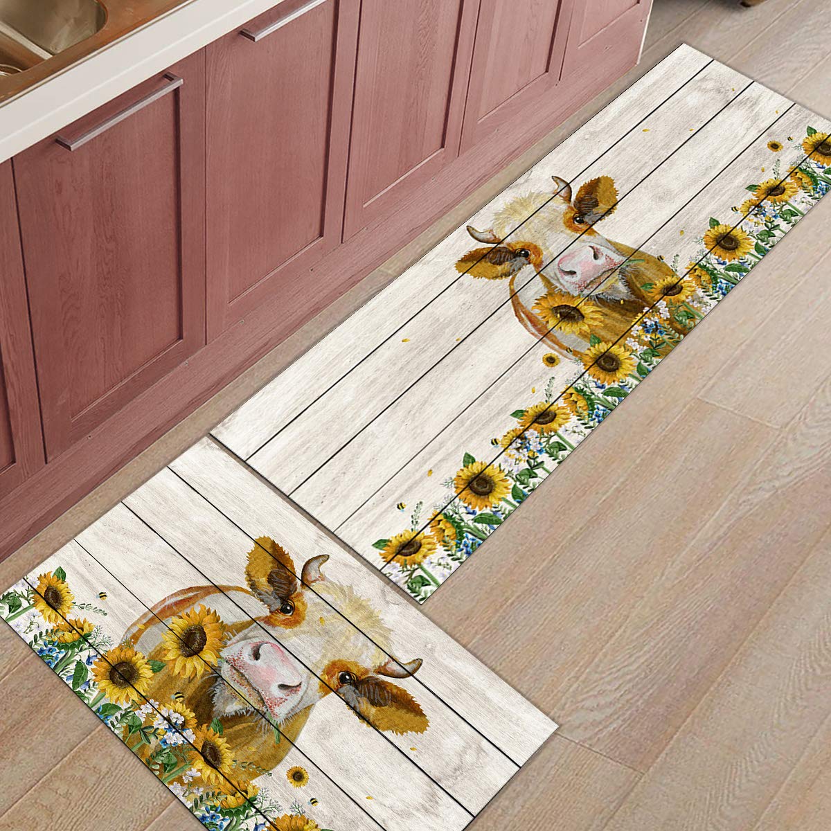 2-Pack Non-Slip Anti-Fatigue Kitchen Mats - Sunflower Cow Print Waterproof & Oil-Resistant Standing Mats for Comfort - Farmhouse Style Rustic Wood Design - Perfect for Kitchens, Laundry Rooms, and Standing Workstations