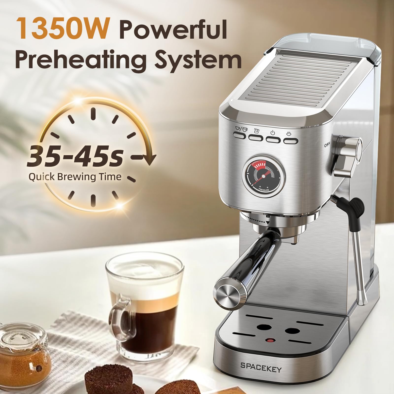 Spacekey 20 Bar Espresso Machine with Milk Frother - 1350W Professional Coffee Maker for Cappuccino, Latte & Americano - Compact Stainless Steel Design with 39oz Removable Water Tank (Silver) - Perfect for Home, Office or Coffee Shop Use