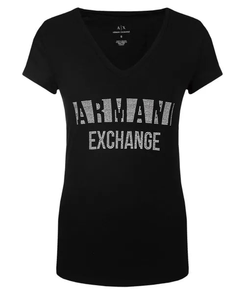 Armani Exchange Women's Black & White Studded T-Shirt - Stylish Casual Top for Everyday Wear, Night Out, and Fashion Street Style