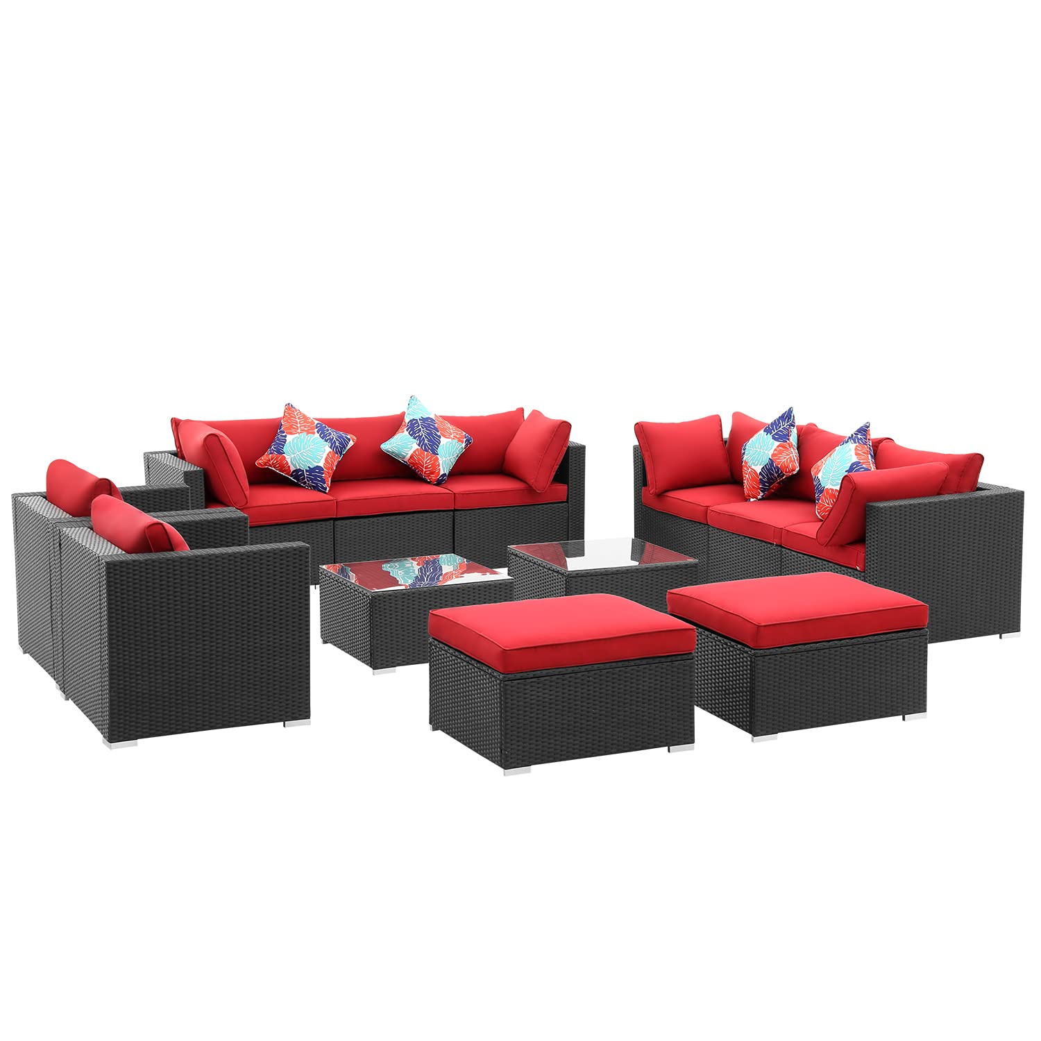 **Ainfox 12-Piece Outdoor Patio Furniture Set - PE Rattan Wicker Sectional Sofa with Cushions & Glass Coffee Table - Perfect for Backyard, Garden, Poolside (Red)**