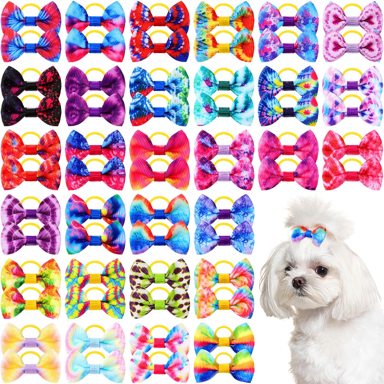 60 Pcs Cute Puppy Dog Hair Bows - Small Bowknot Hair Accessories with Rubber Bands for Dogs, Handmade Pet Grooming Supplies - Perfect for Holiday, Birthday Gifts & Party Outfits (Tie Dye Pattern)