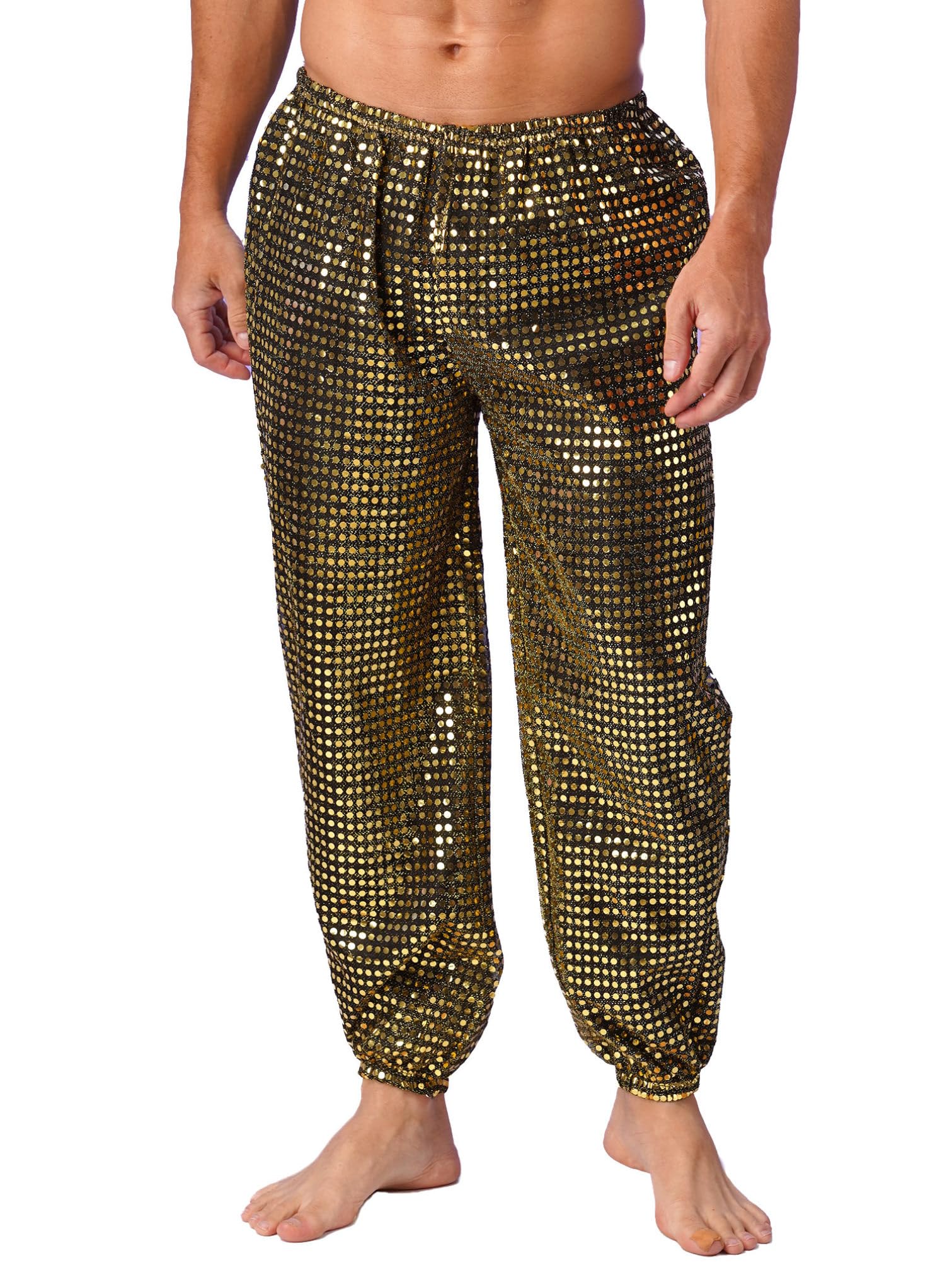 YiZYiF Men's Glitter Sequins Hip Hop Dance Harem Pants - Baggy Joggers with Shiny Disco Style for Stage Performance & Casual Wear