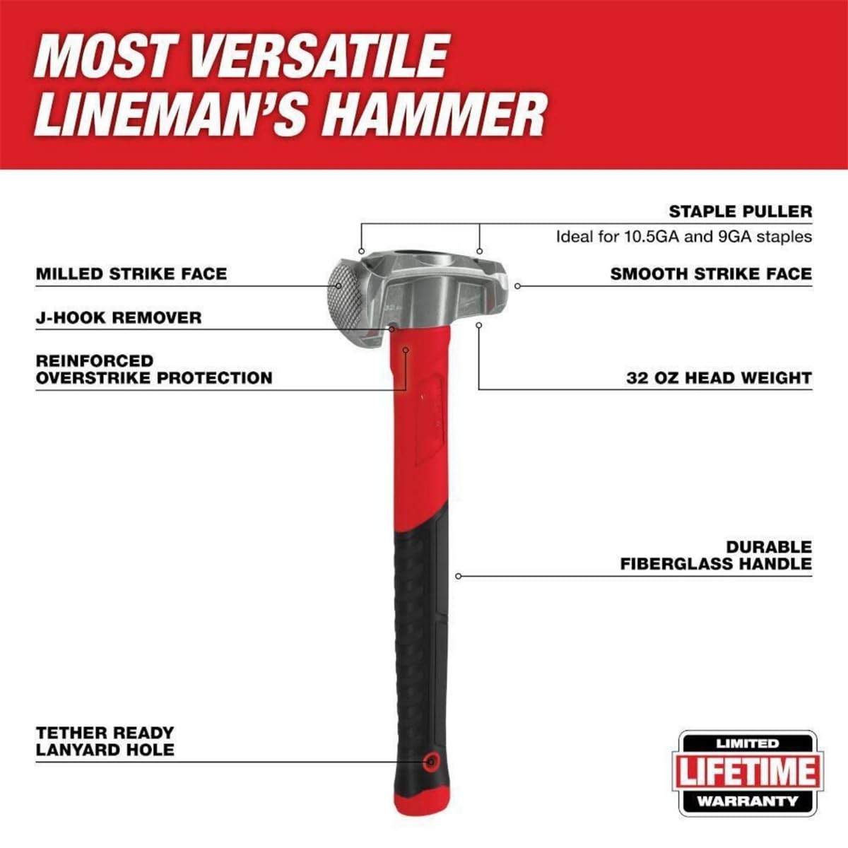 Milwaukee 4-in-1 Lineman's Hammer with High Strength Fiberglass Handle - 48-22-9040 - Ideal for Electricians, Construction Workers & DIY Projects