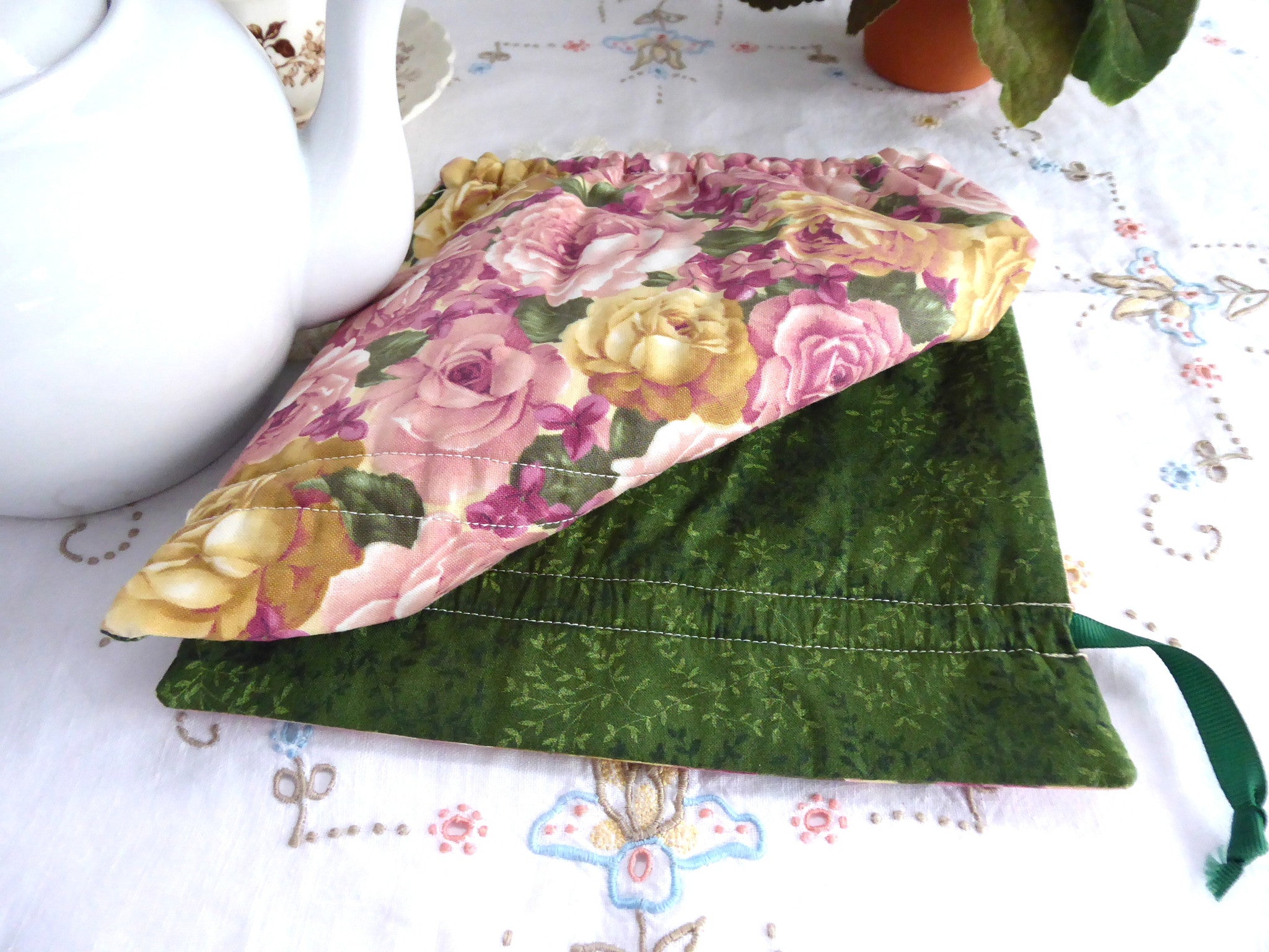 Reversible Tea Cozy with Lush Roses - Padded Pink, Yellow & Green Lining - Handmade in USA | Perfect for Tea Parties & Cozy Afternoons