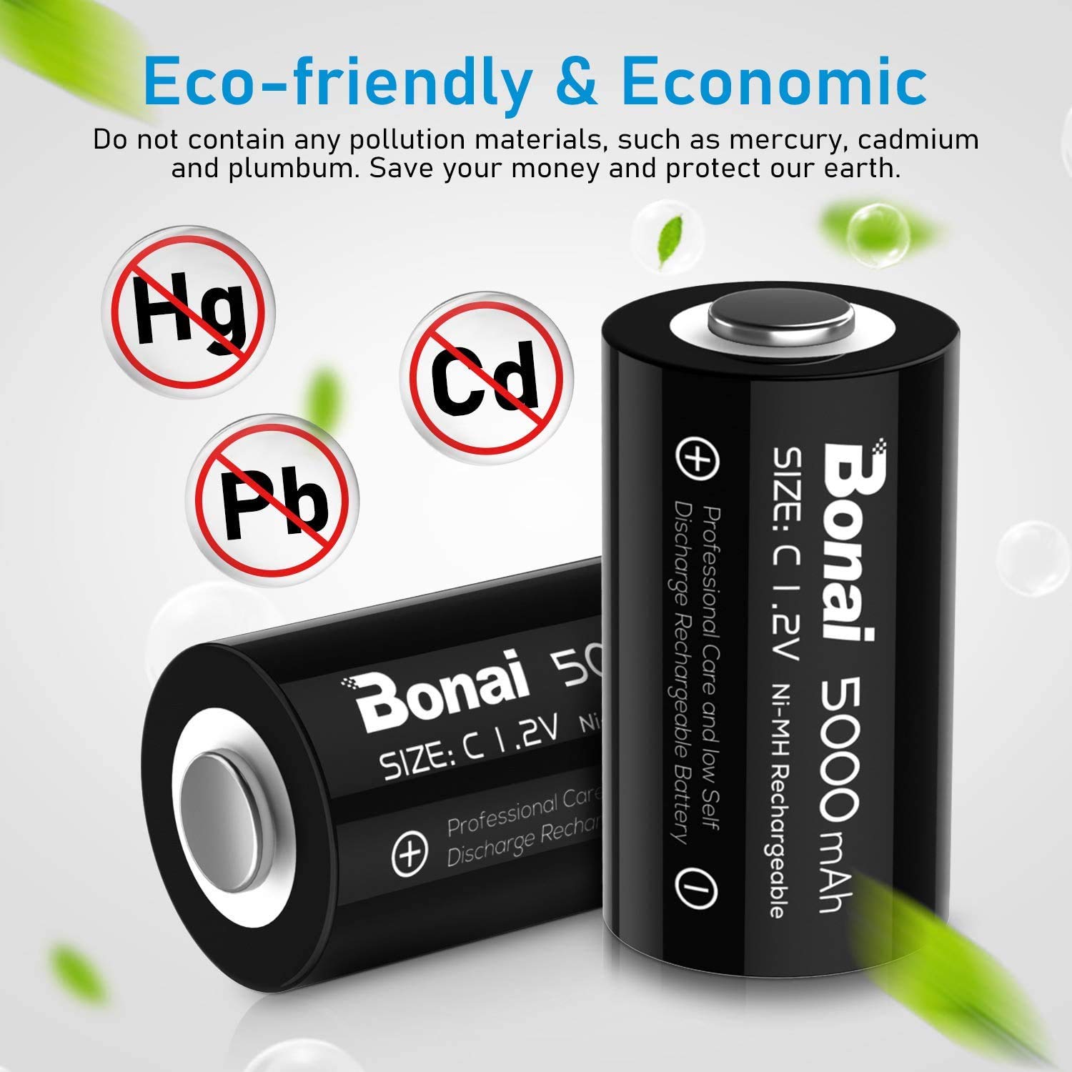 BONAI Rechargeable C Batteries 8-Pack - 5000mAh 1.2V Ni-MH High Capacity C Cell Batteries for Flashlights, Toys, Radios & Emergency Devices - Long Lasting Power Supply