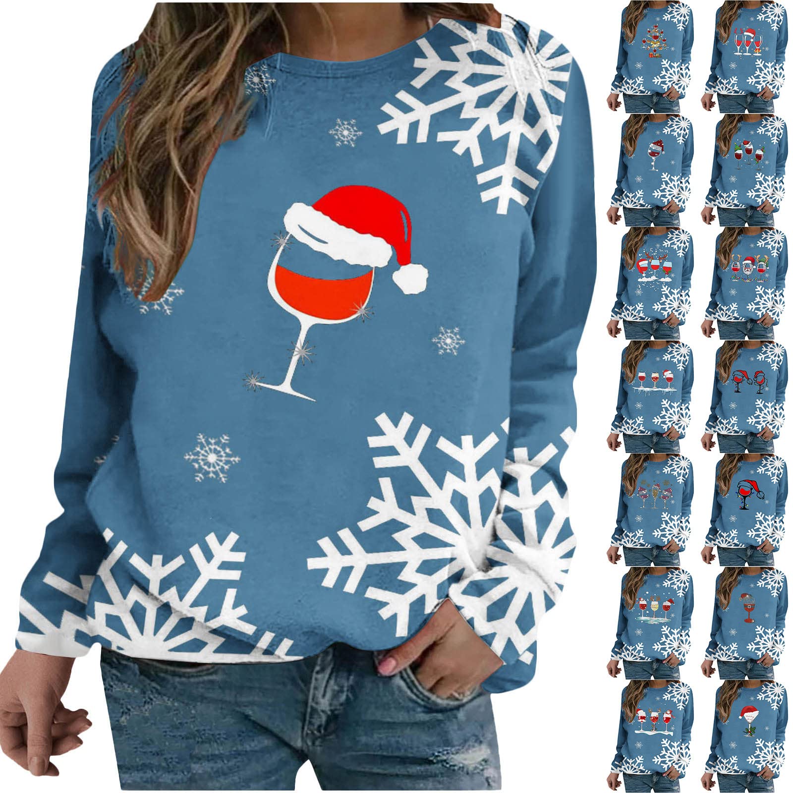 Women's Christmas Sweatshirt - Red Wine Glass Printed Pullover Long Sleeve Top with Snowflake Design | Cozy Winter Blouse for Holiday Parties, Gift Exchange & Casual Outfits