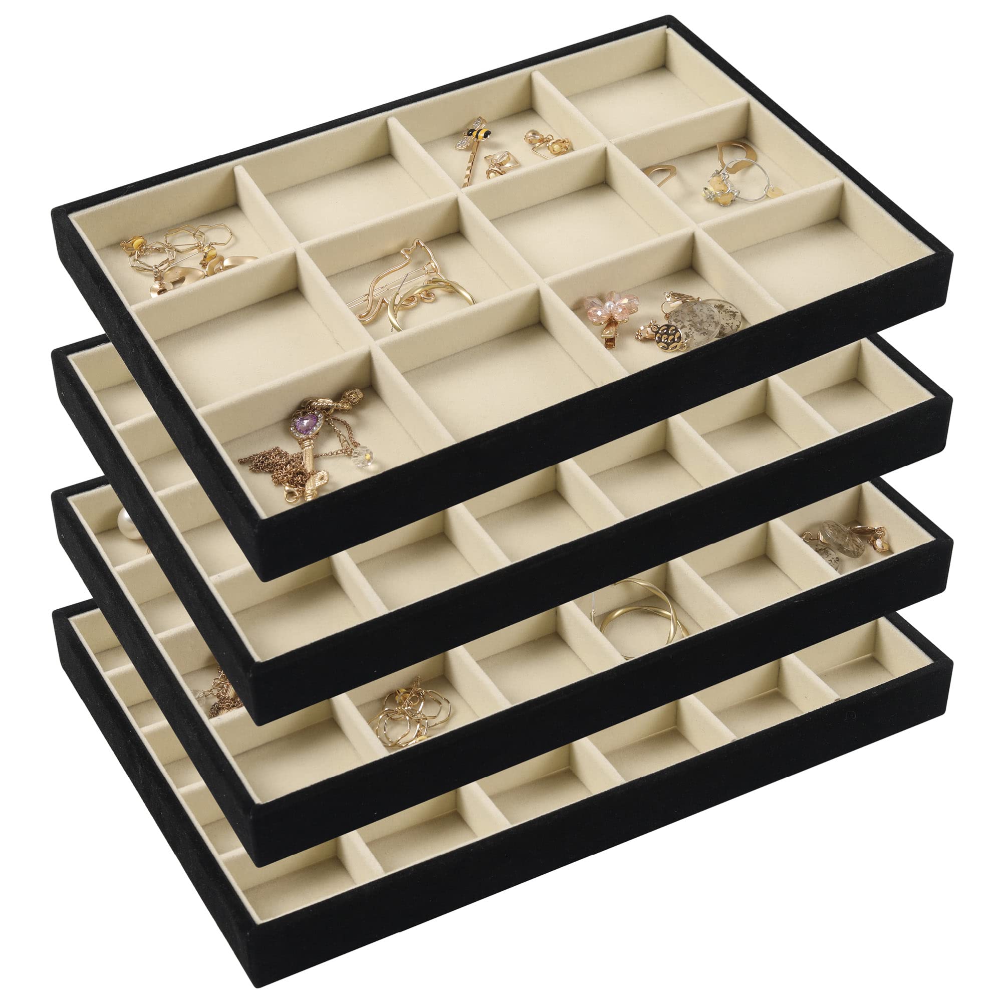 DIOMMELL Set of 4 Stackable Jewelry Trays Organizer - Jewelry Display Showcase for Rings, Earrings, Bracelets & Necklaces | Drawer Organizer Storage Box for Bedroom, Vanity & Travel Use