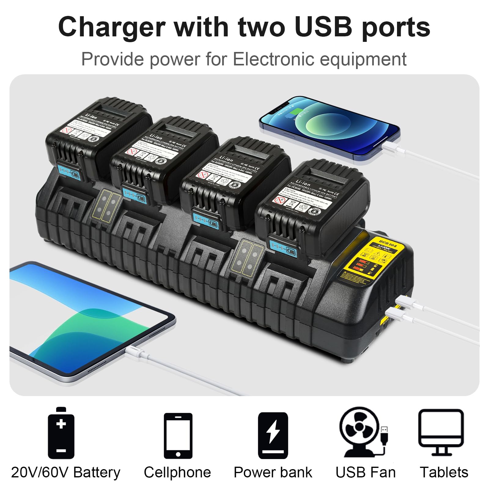 DCB104 Replacement Battery Charger Station for Dewalt 12V & 20V Max Batteries - Fast Simultaneous Charging | Perfect for Power Tools, Job Sites & DIY Projects