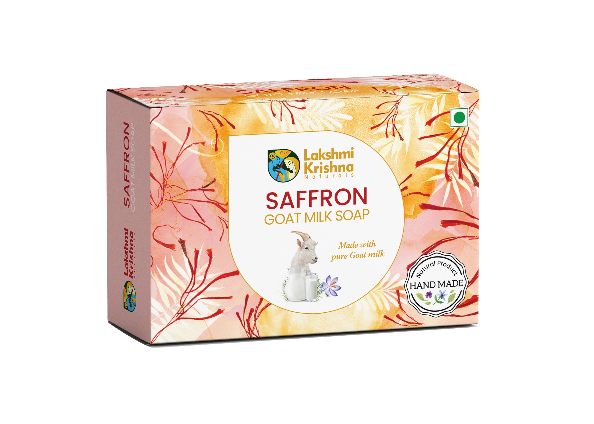 Lakshmi Krishna Natural Saffron Goat Milk Soap - 100g | Pure Luxury Skincare with Saffron & Goat Milk for Soft, Glowing Skin | Perfect for Daily Cleansing, Spa Days & Gift Sets